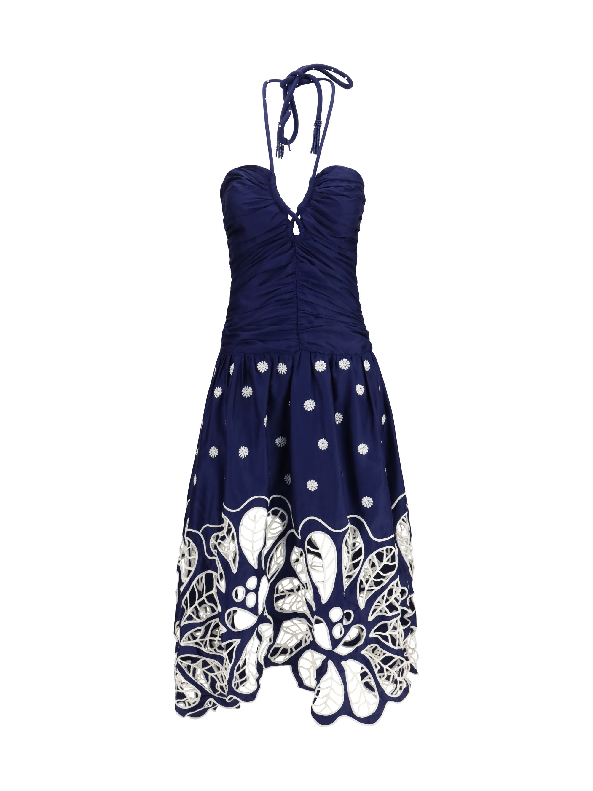 Farm Rio Organic Cotton Ruched Halter Dress — Navy