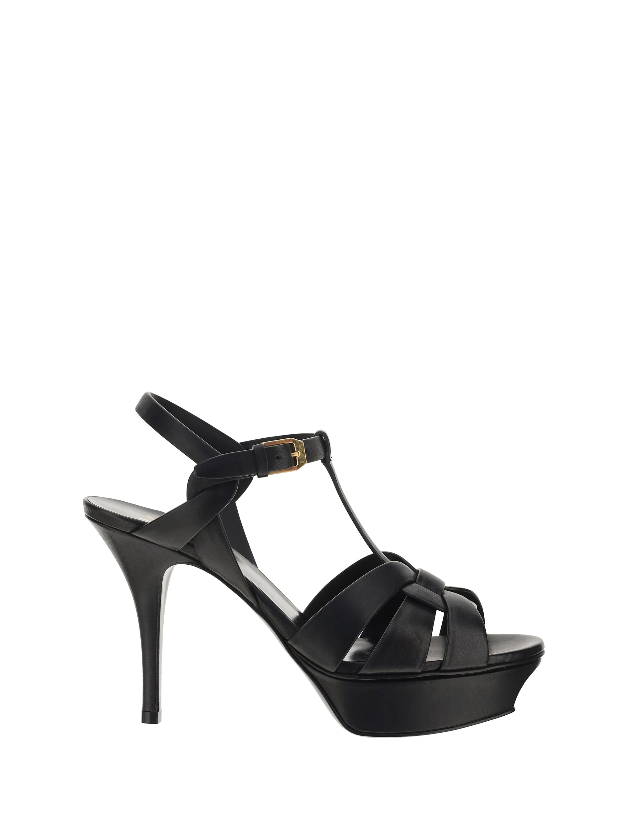 Saint Laurent Leather Cage-Strap Platform Heel Sandal — Black