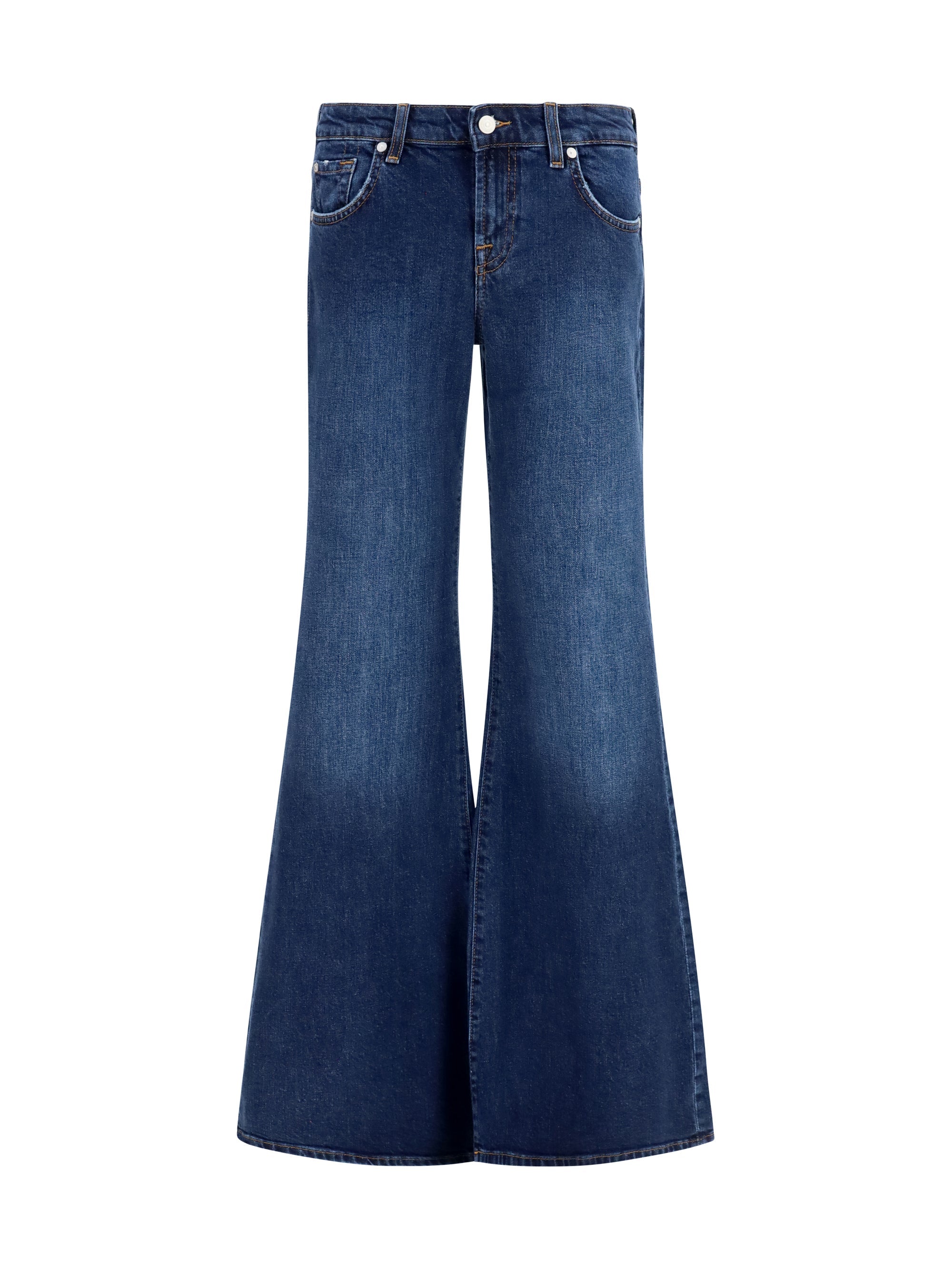 7for Low-Rise Flared Denim Jeans — Blue