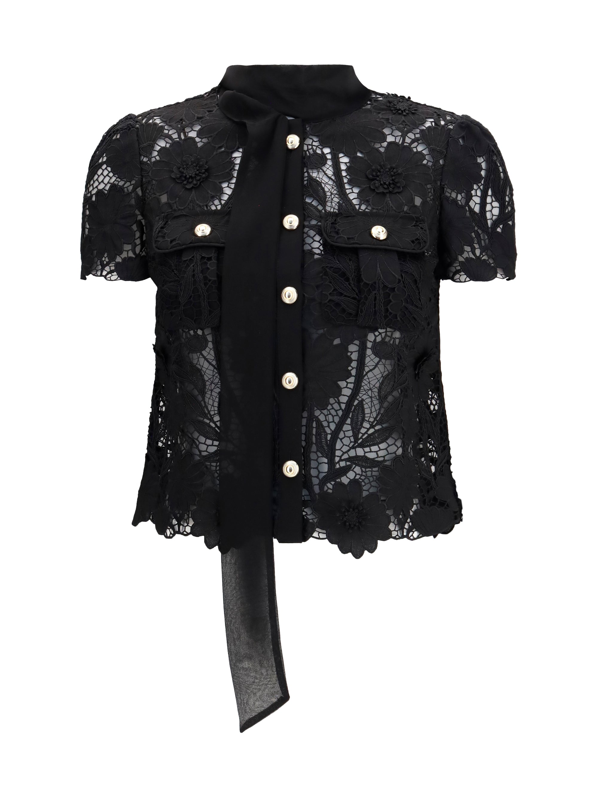 Self-Portrait Lace Tie-Neck Blouse — Black
