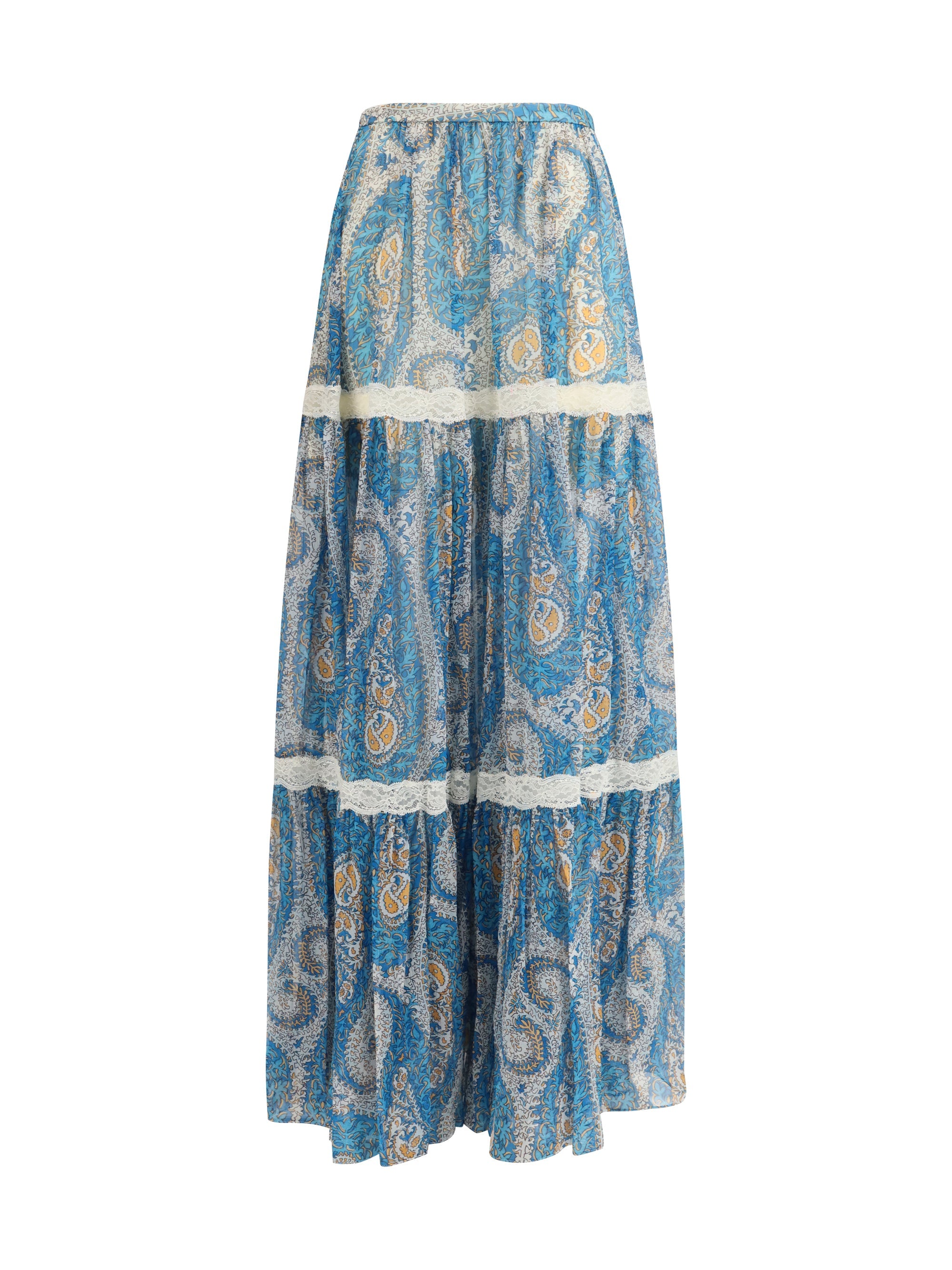 Etro Silk Crepon Paisley Skirt — Blue
