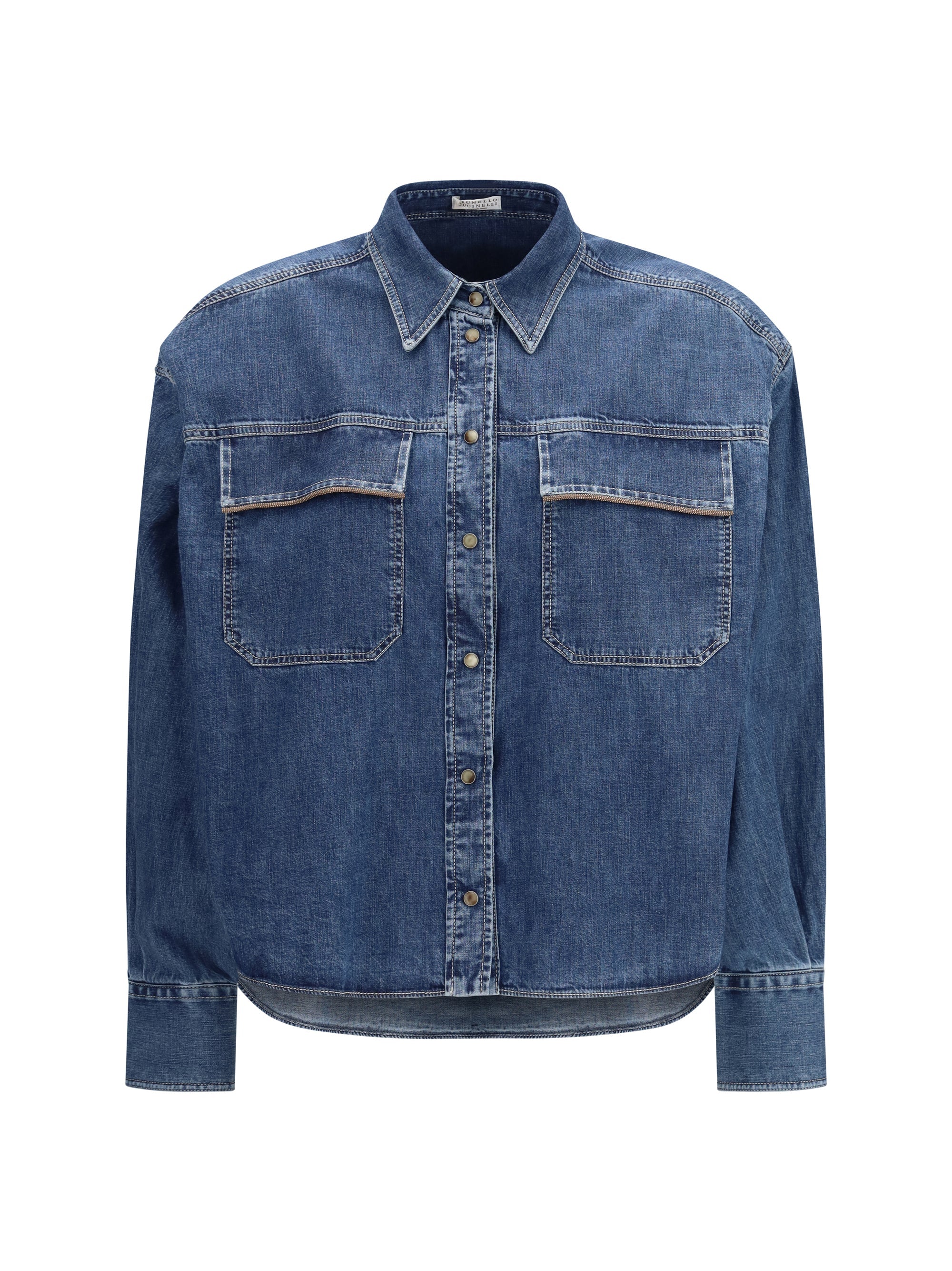 Brunello Cucinelli Chain-Embellished Cotton Denim Denim Shirt — Blue