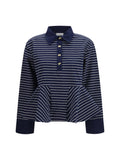 Ganni Striped Cotton with Peplum Polo Shirt — Navy