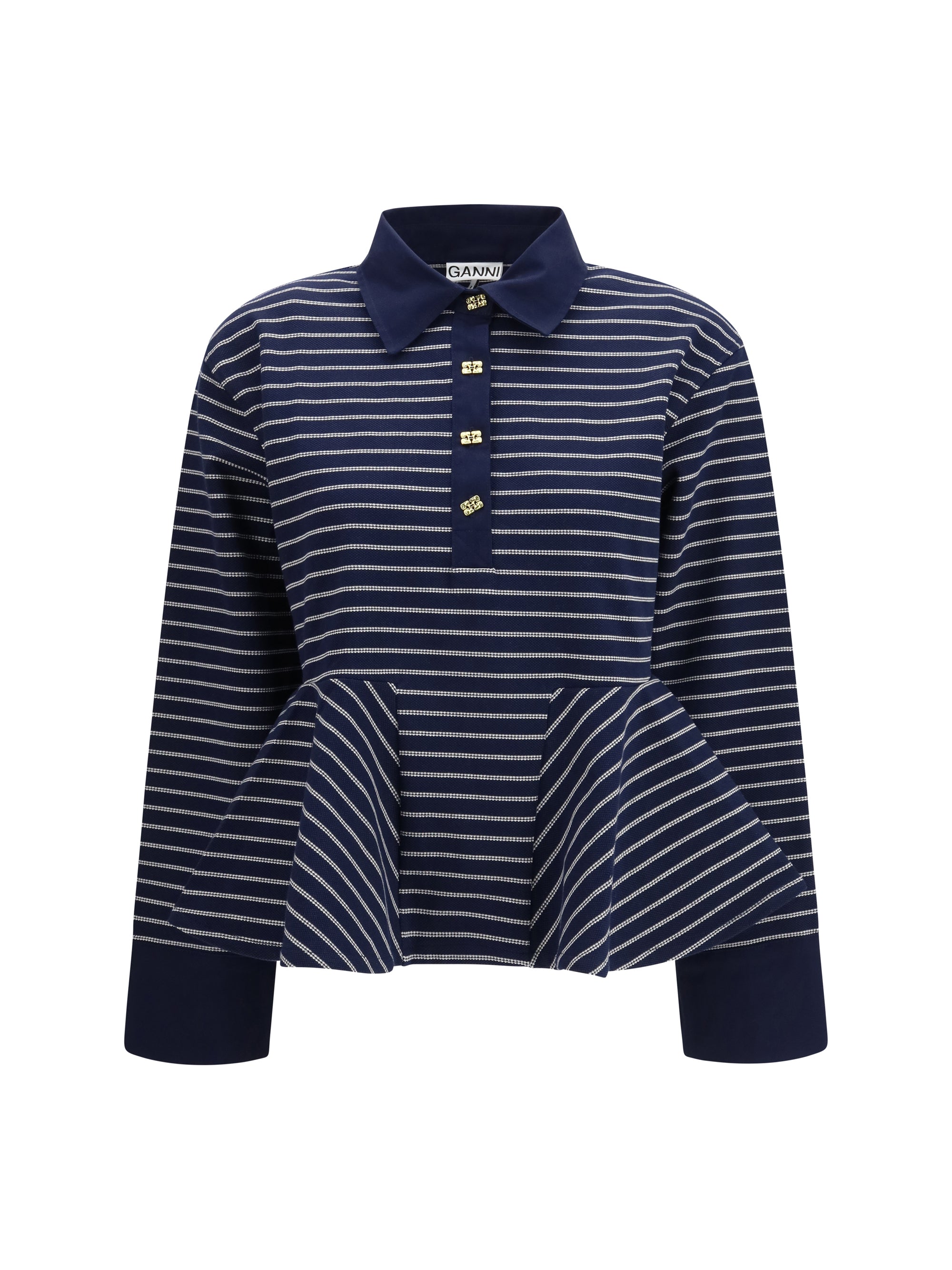 Ganni Striped Cotton with Peplum Polo Shirt — Navy