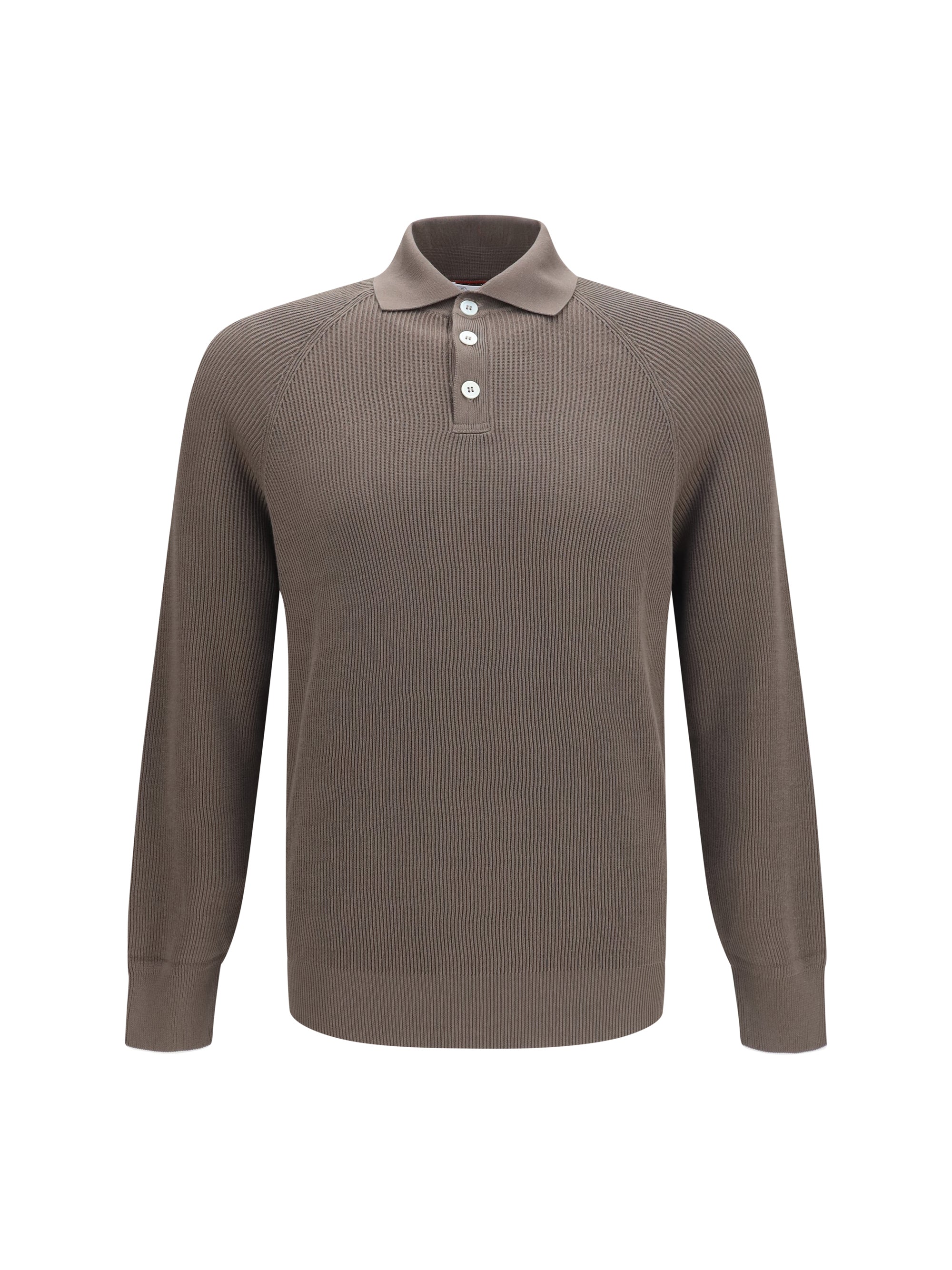 Brunello Cucinelli Ribbed Knit Cotton Polo Shirt — Brown
