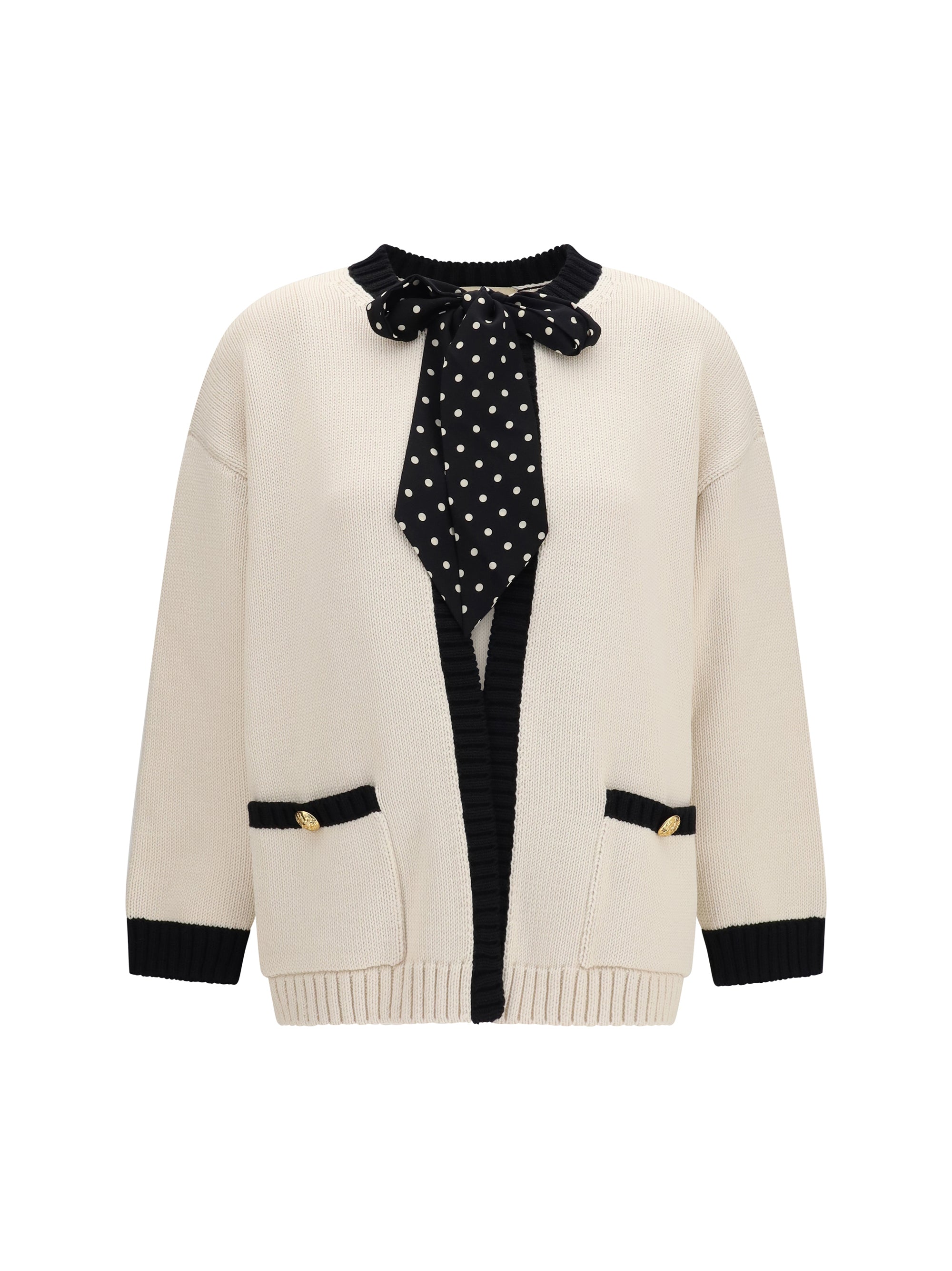 Valentino Polka-Dot Bow Cardigan — Beige