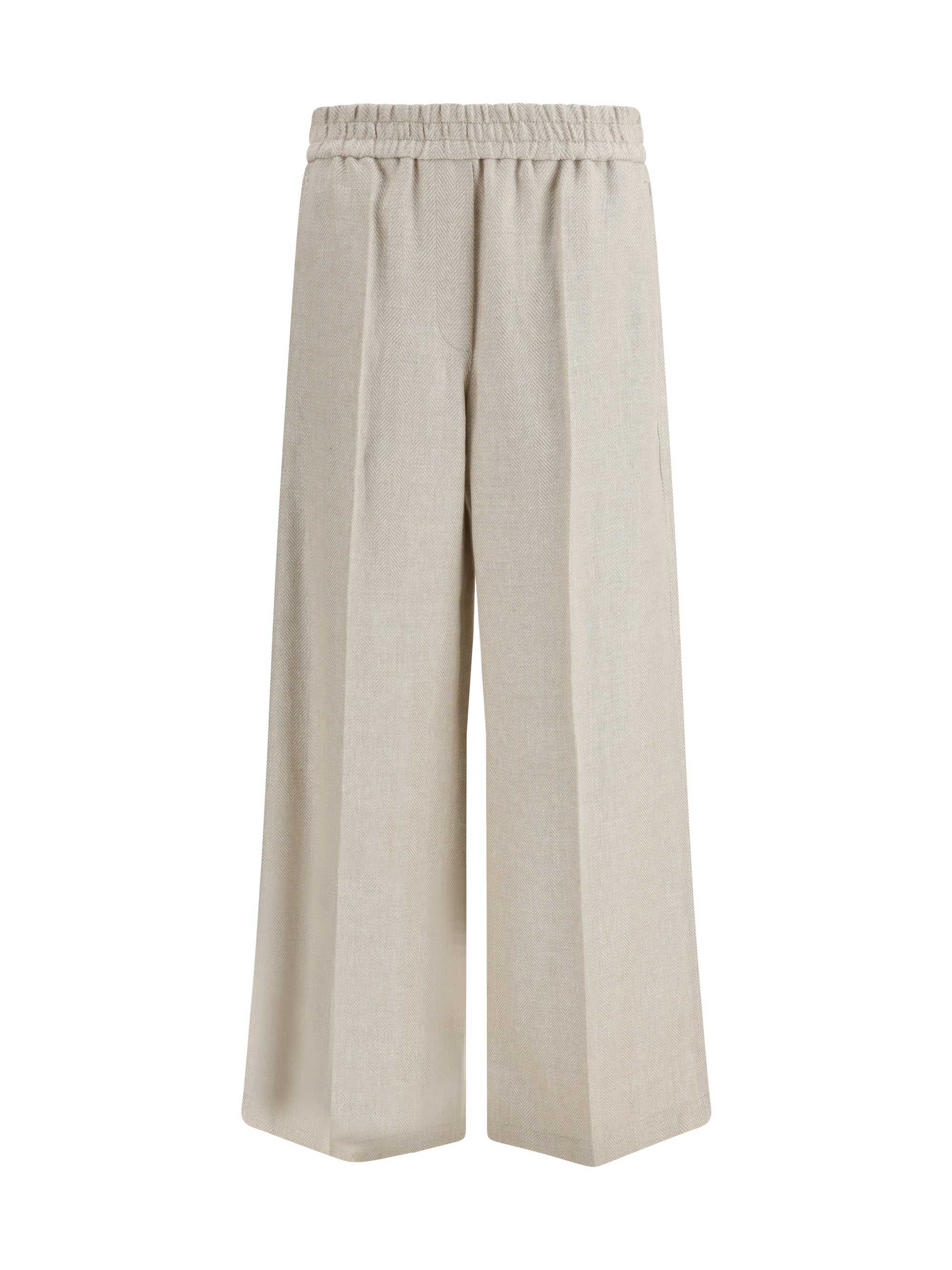 Brunello Cucinelli Elasticated-Waistband Linen Trousers — Beige