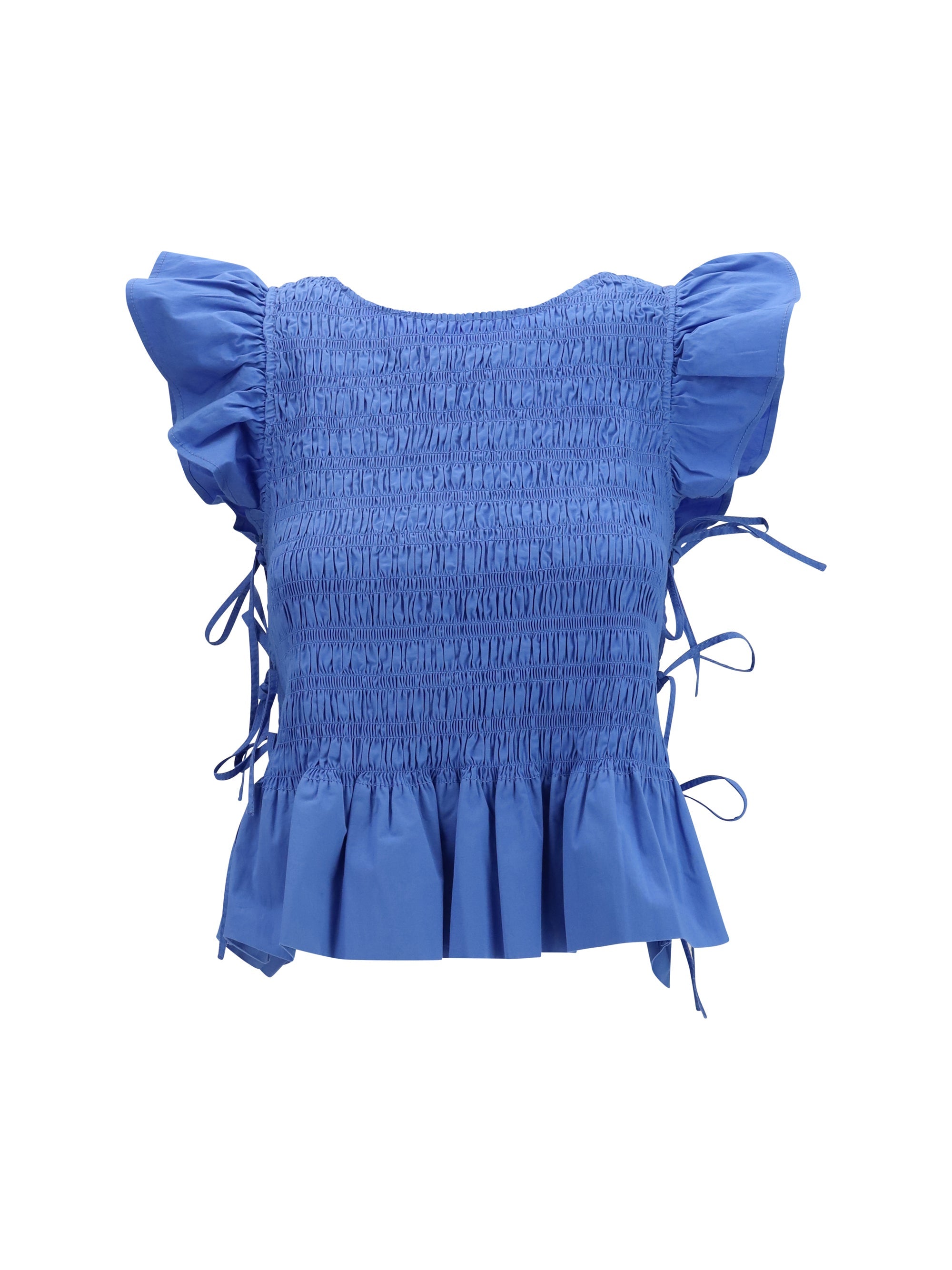 Ganni Ruched Cotton with Side Bows Blouse — Blue