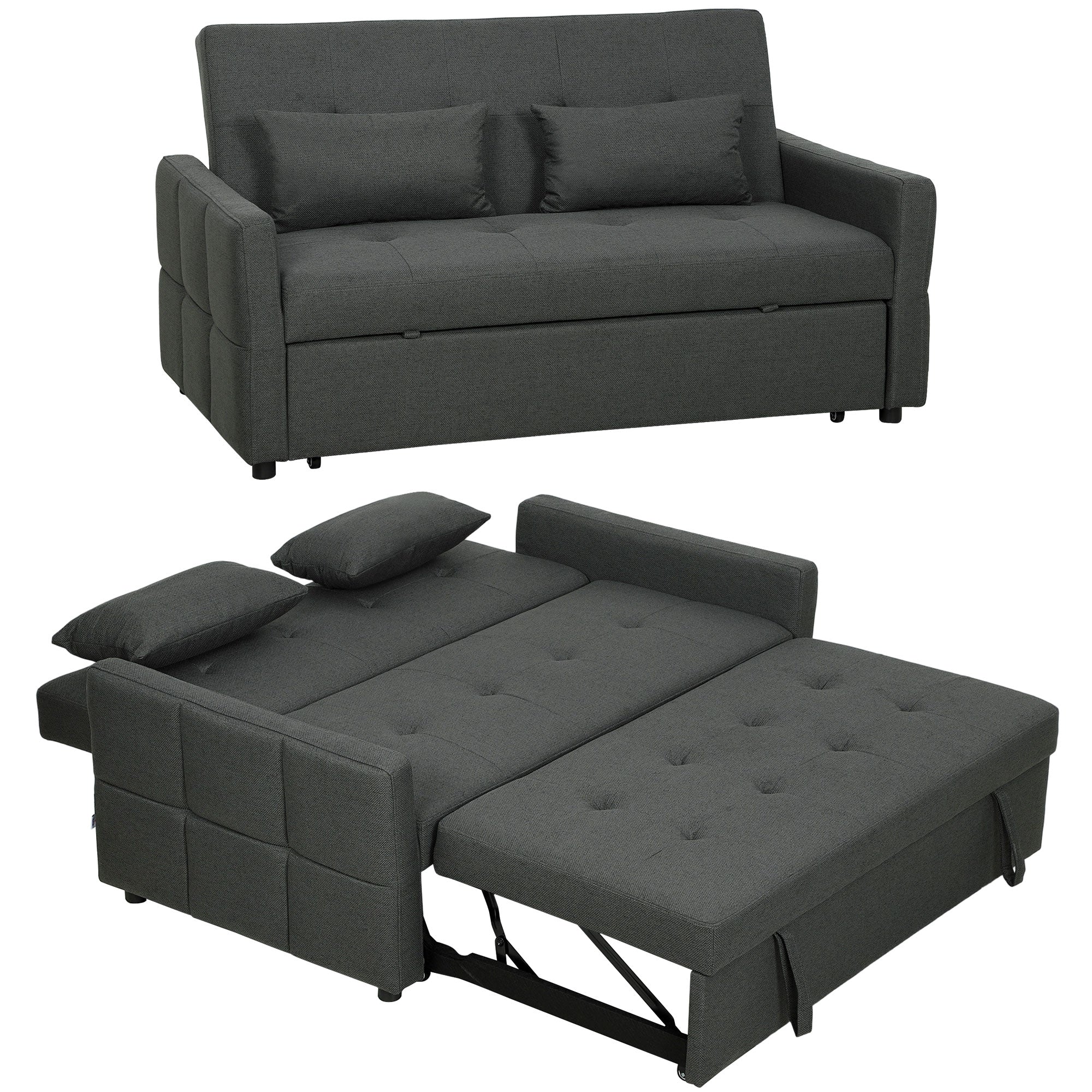 2 Seater Sofa Bed, Click Clack Sleeper Sofa with Pull Out Design, Linen Convertible, 137x179cm, Charcoal Grey