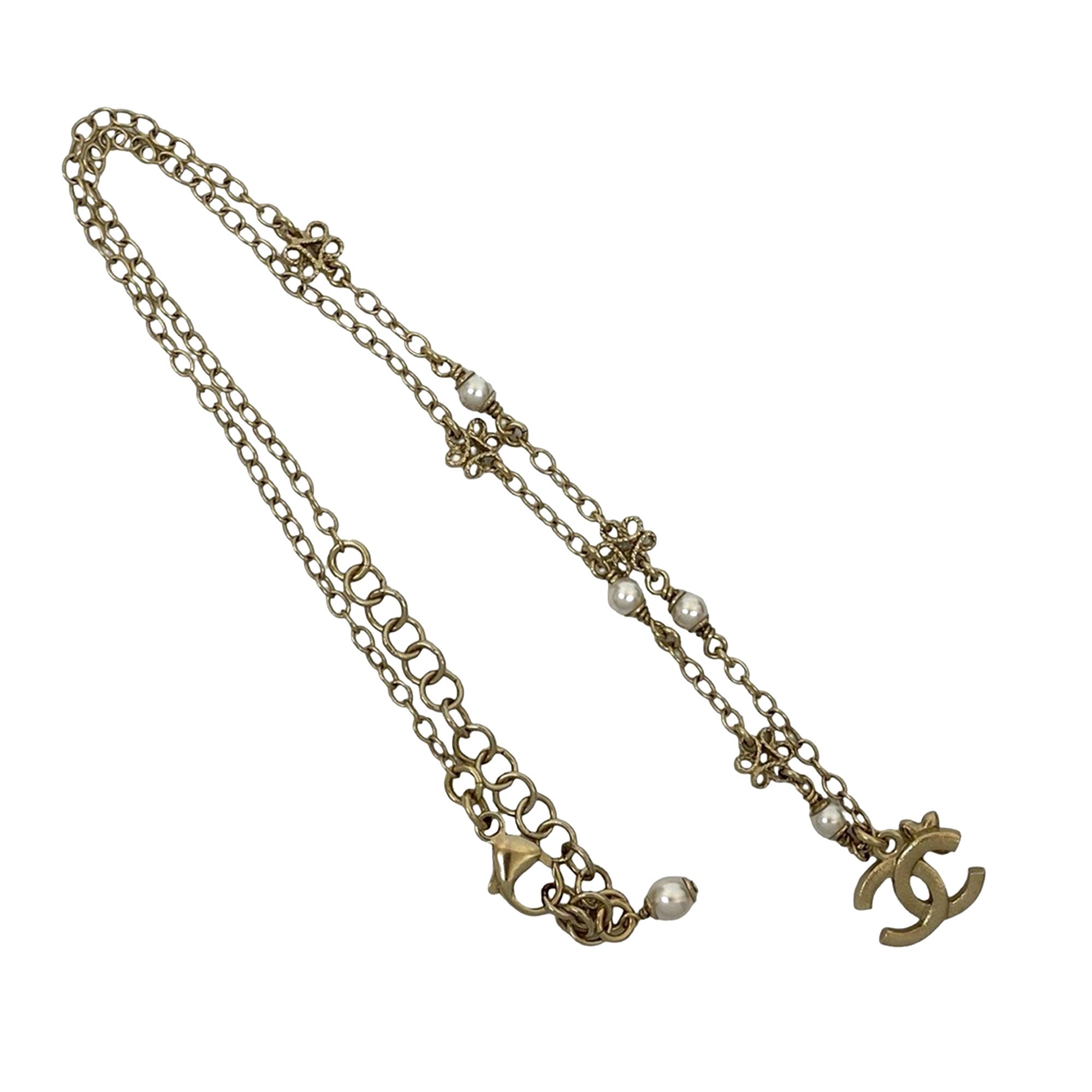 Gold Plated Faux Pearl CC Pendant Flower Station Necklace