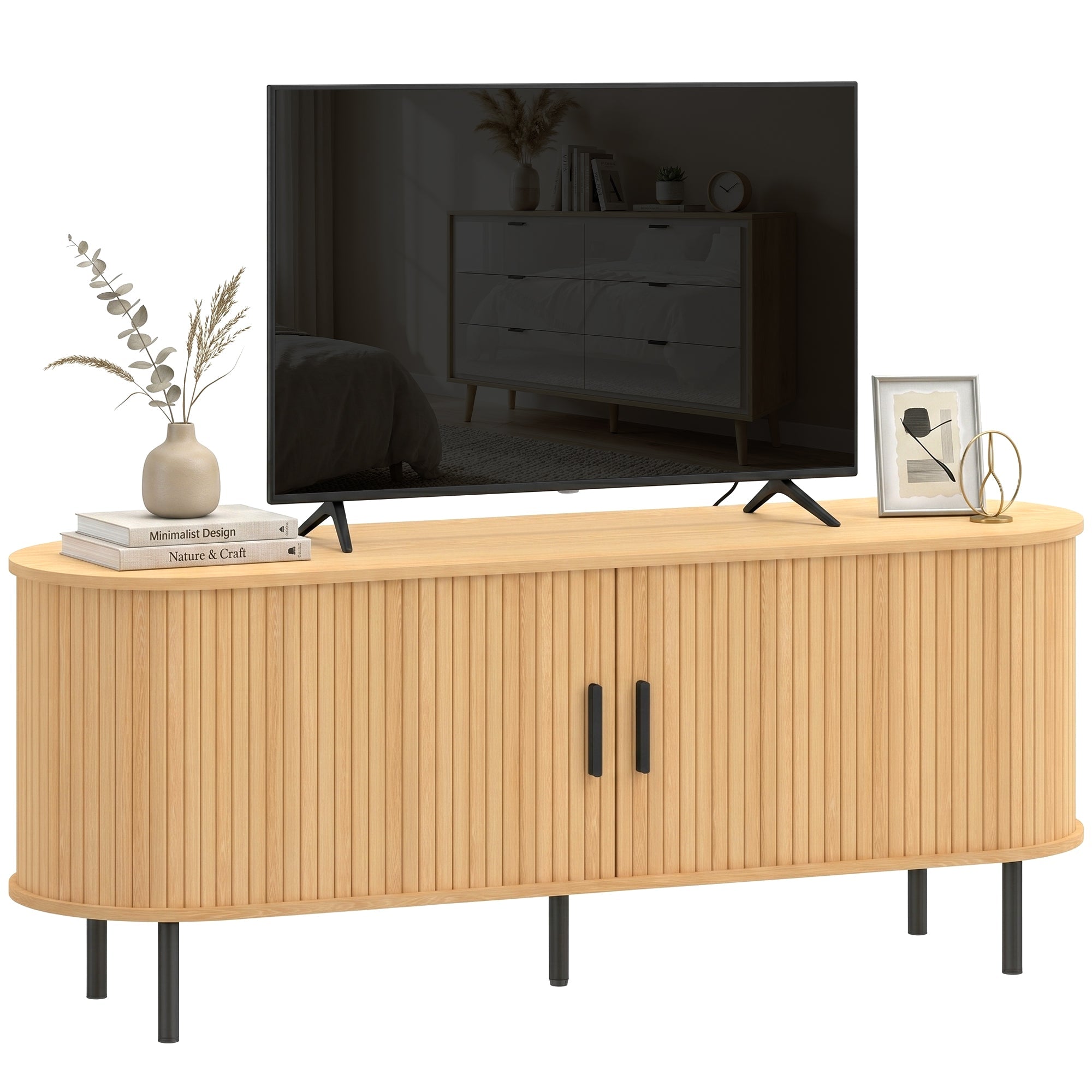 TV Stand for TVs up to 60" with Sliding Doors, 6 Compartments, Natural Wood