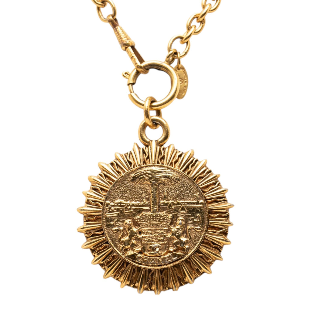 Gold Plated Medallion Coat of Arms Sunburst Pendant Necklace