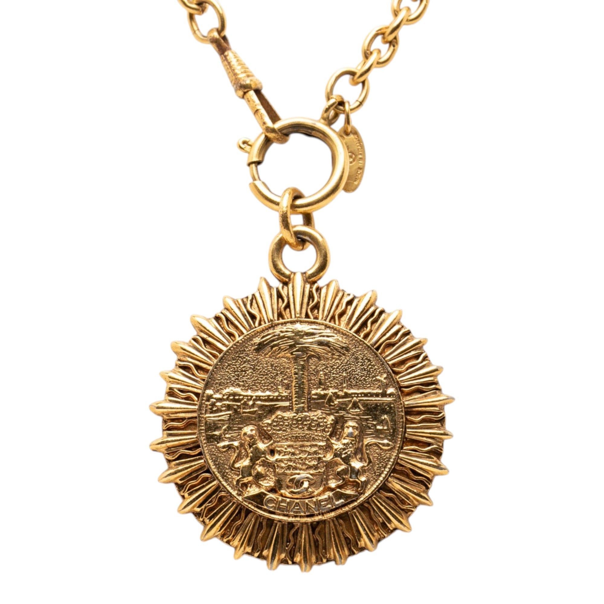 Gold Plated Medallion Coat of Arms Sunburst Pendant Necklace