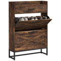 Industrial Narrow Shoe Cabinet with 2 Flip Drawers & Top Drawer for 12 Pairs, Rustic Brown