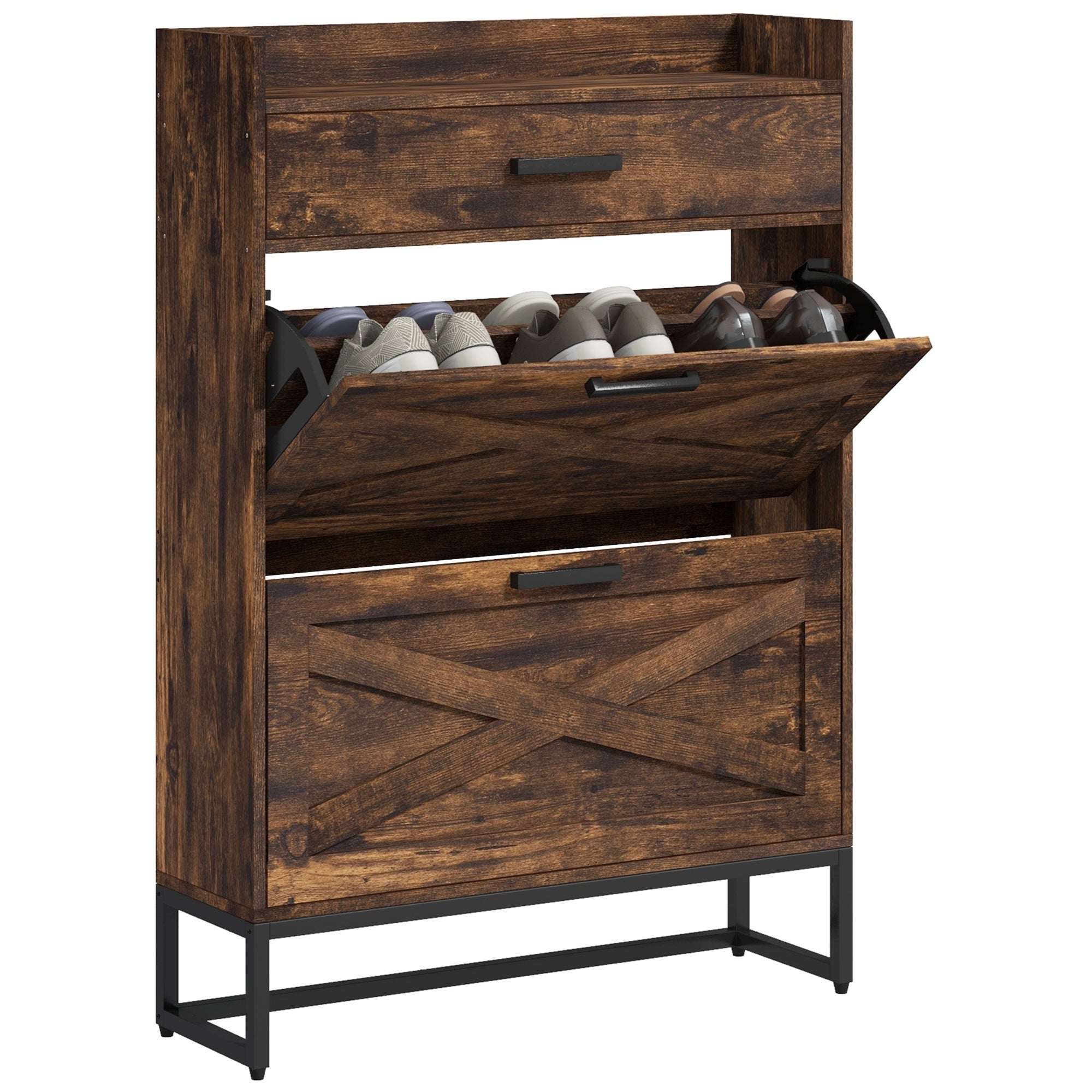 Industrial Narrow Shoe Cabinet with 2 Flip Drawers & Top Drawer for 12 Pairs, Rustic Brown