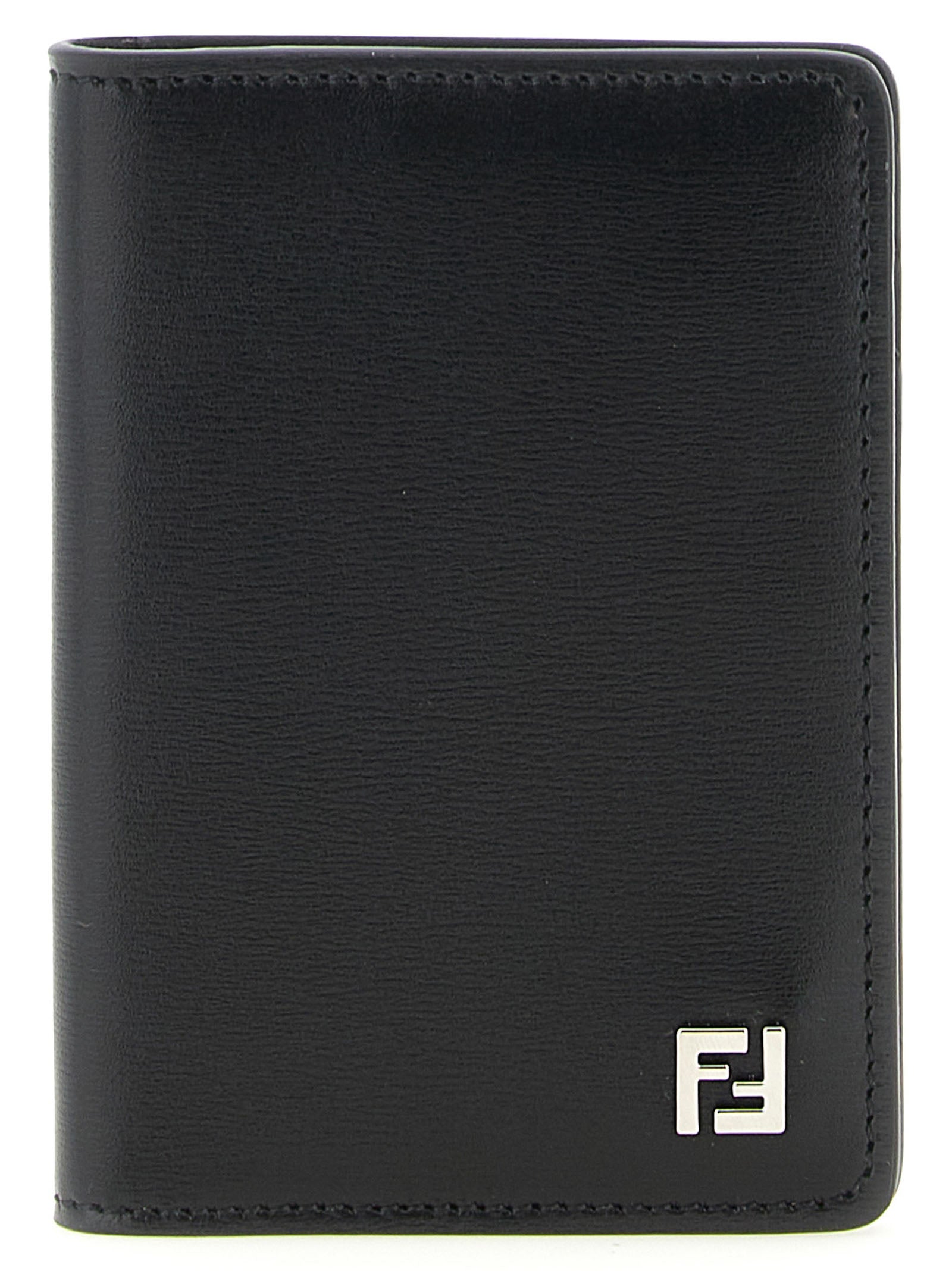 Fendi Calf Leather with Metal FF Logo Card Case — Black