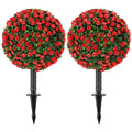 55 cm Artificial Rose Topiary Set of 2 with Ground Stake, UV-Resistant Fake Plants for Indoor & Outdoor Decor, Red