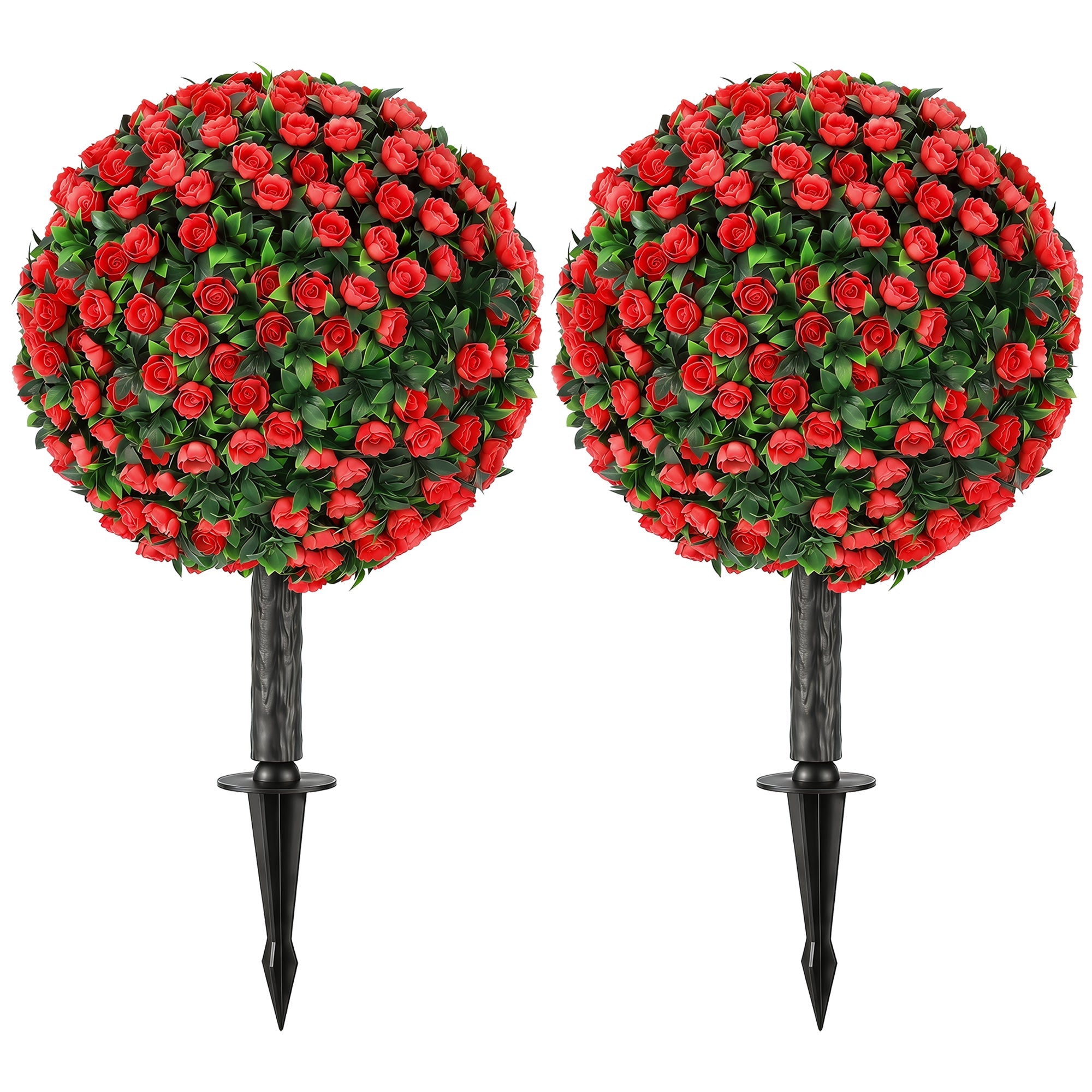 55 cm Artificial Rose Topiary Set of 2 with Ground Stake, UV-Resistant Fake Plants for Indoor & Outdoor Decor, Red