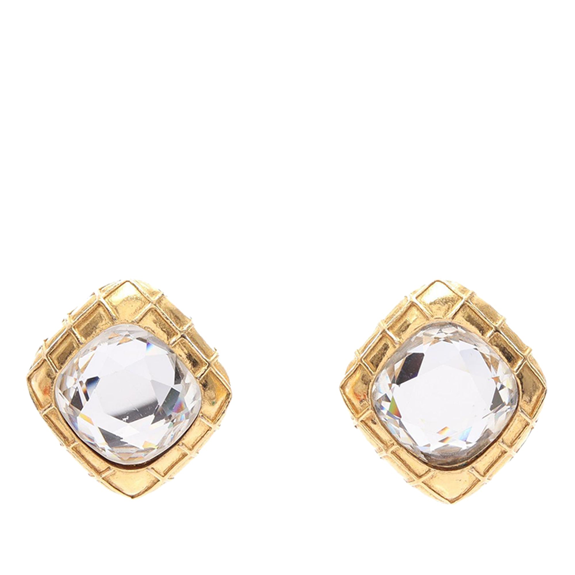 CC Gold Plated Quilted Diamond Strass Clip On Earrings