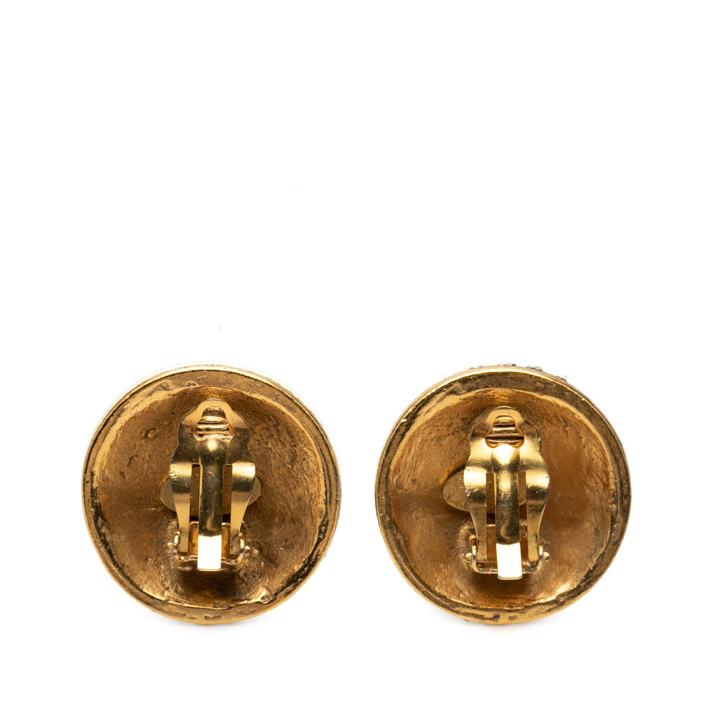 Gold Plated CC Crystal Round Clip On Earrings