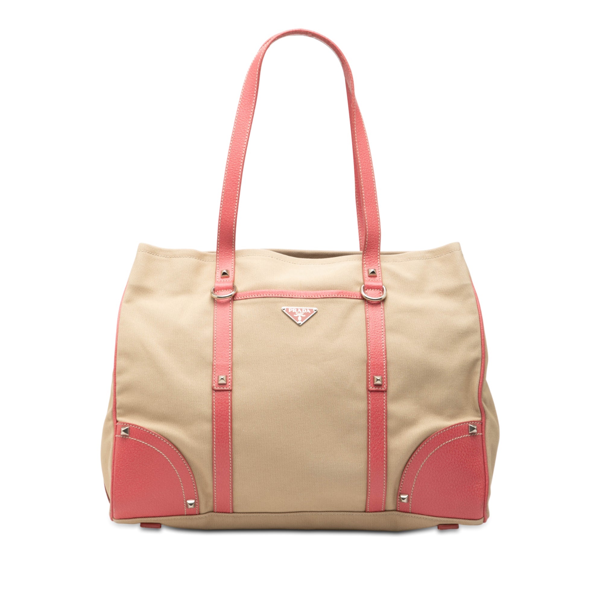 Studded Leather Trimmed Canvas Front Pocket Tote