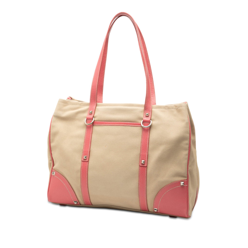 Studded Leather Trimmed Canvas Front Pocket Tote