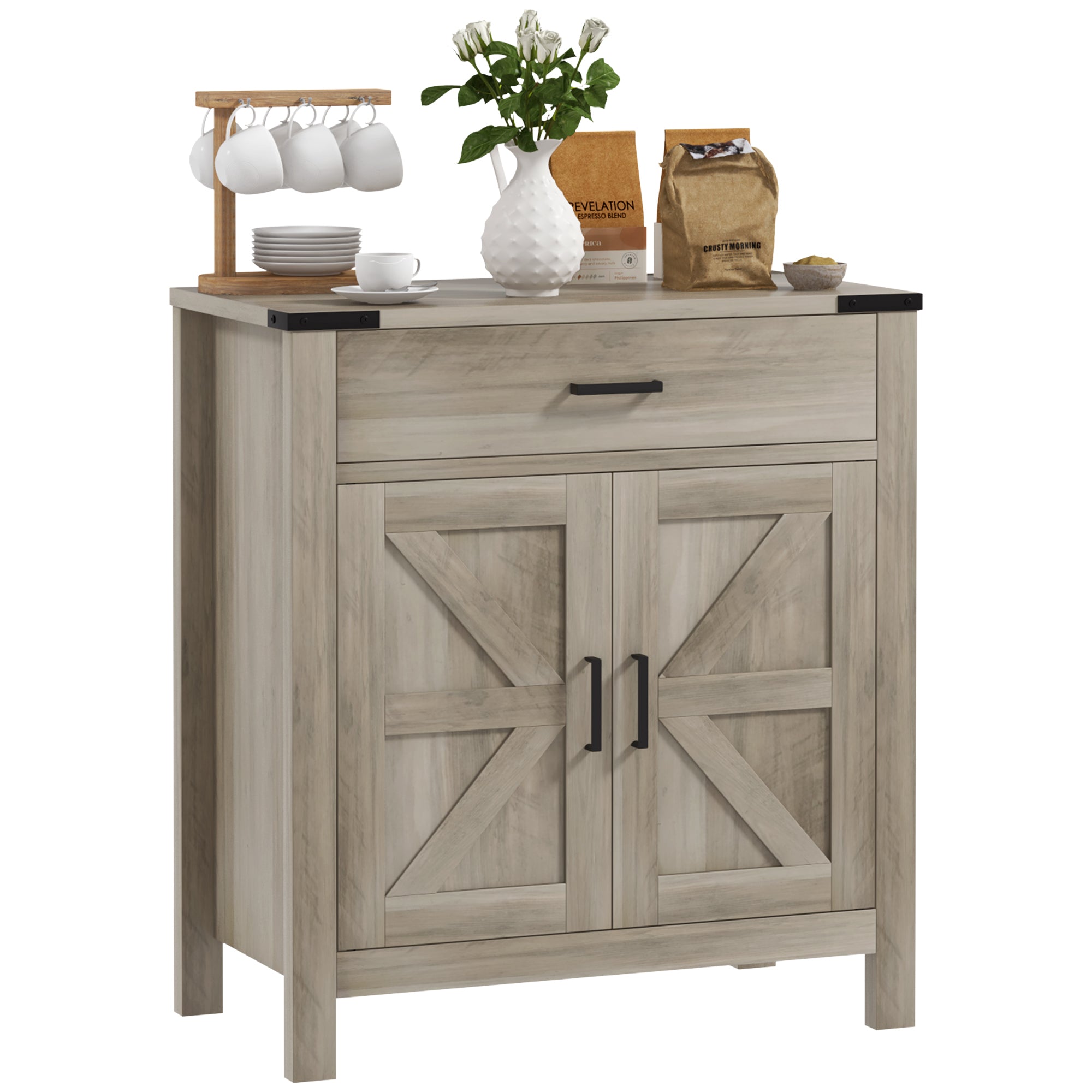 Farmhouse Sideboard with 1 Drawer 1 Cabinet & Barn Door Adjustable Shelf, Grey
