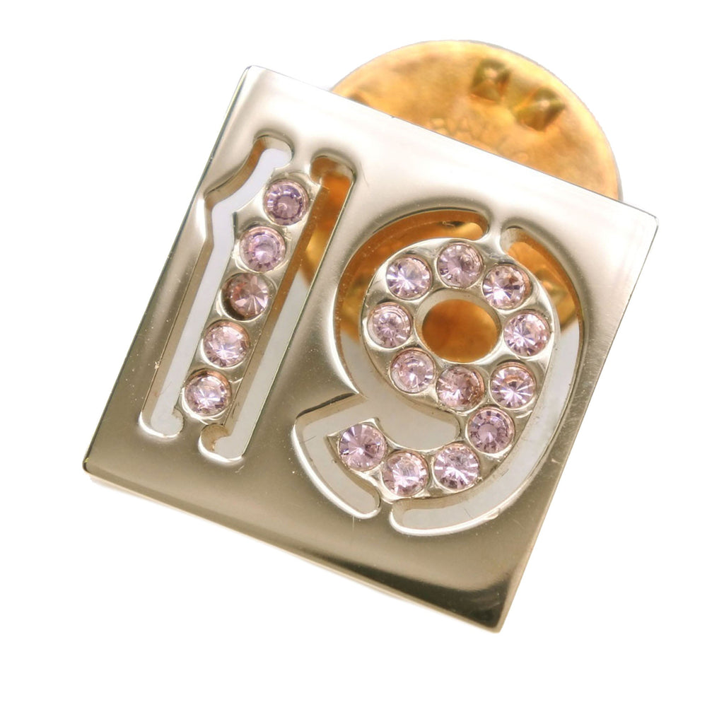 Gold Plated Rhinestone No 19 Pin Badge Brooch