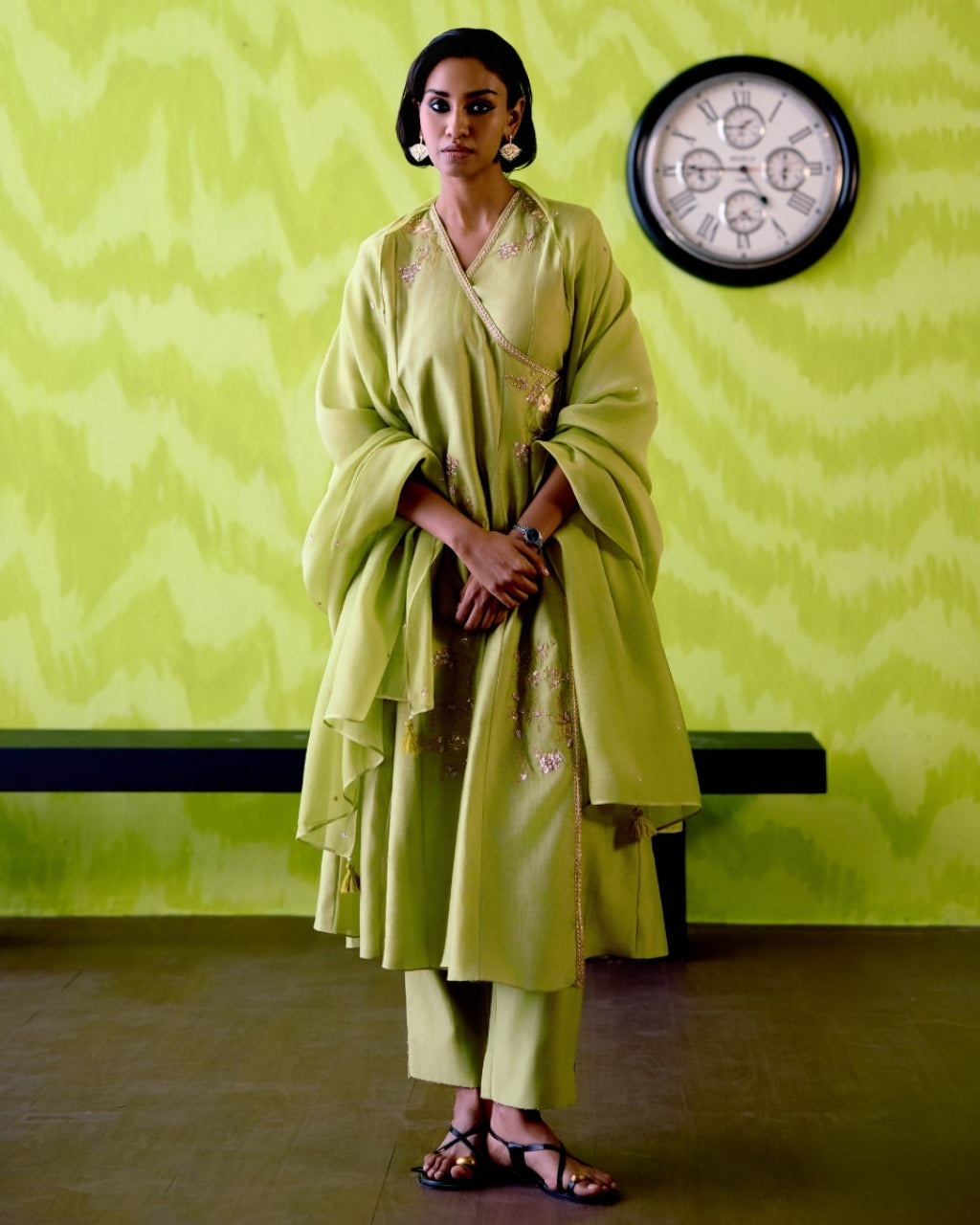 Green Apple Kallidar Angrakha Set By KYNAH, Luxury Indian Fashion & Bridal Wear