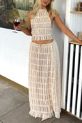 Halter Backless Crop Top Pleated Maxi Skirt Set