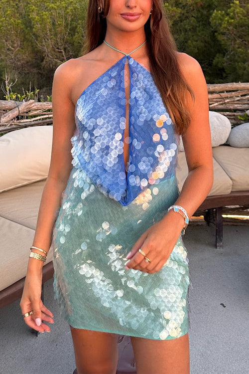 Halter Sleeveless Cut Out Sequin Mini Party Dress