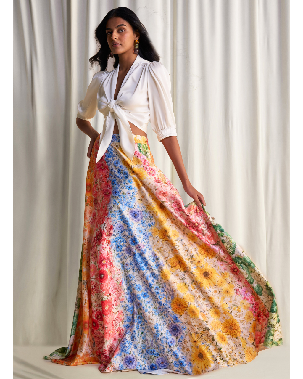 Front-Tie Top & Multi-Floral Maxi Skirt By KYNAH, Luxury Indian Fashion & Bridal Wear