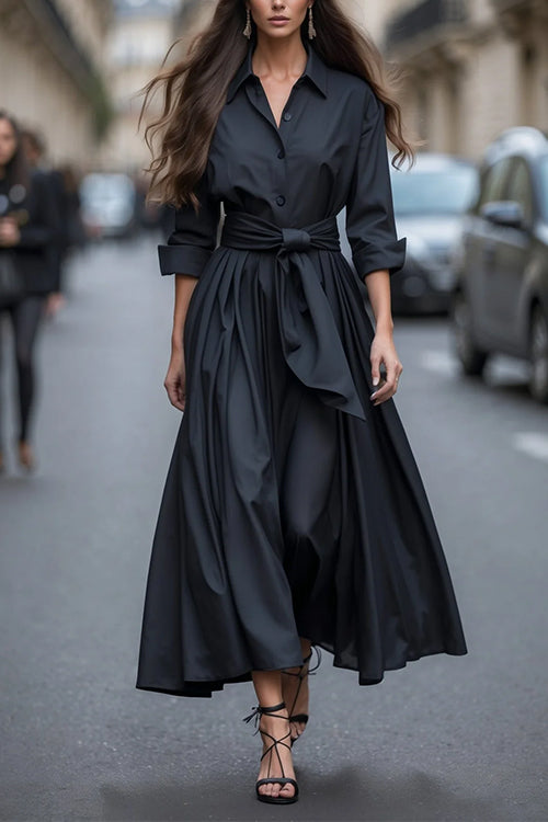 Long Sleeves Button Up Bow Waist Maxi Dress