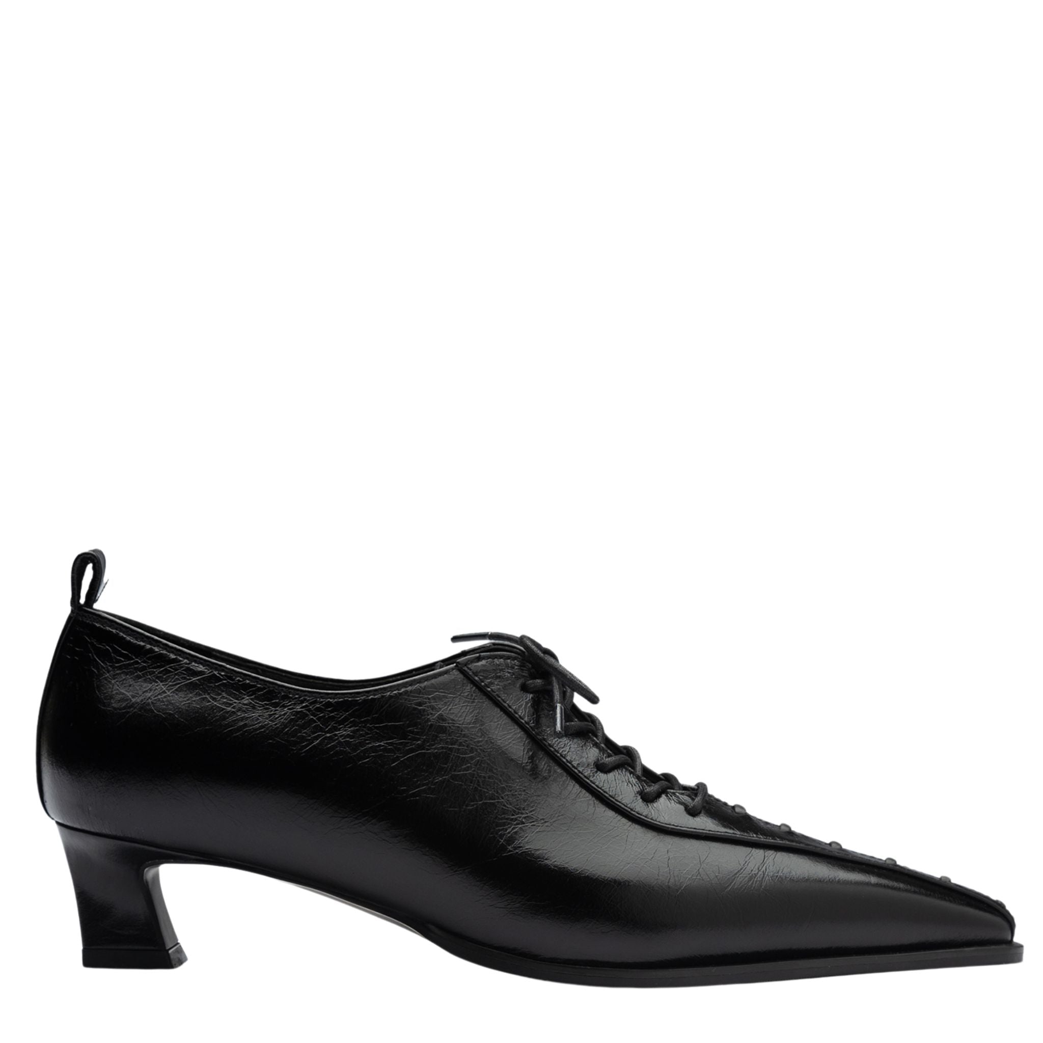 Black Lace-Up Kitten Heel Leather Shoes