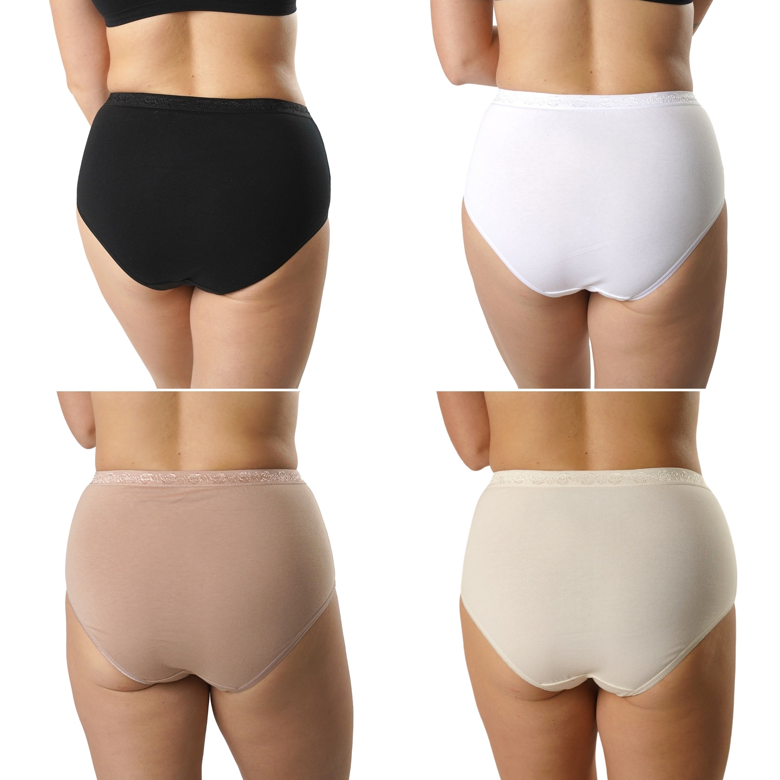 FEVI | Pack de 8 Bragas Tiro Alto | 4 Colores Diferentes: Negro, Beige, Cava y Blanco | 95% Algodón | Estampado Elegante | Cintura Elástica