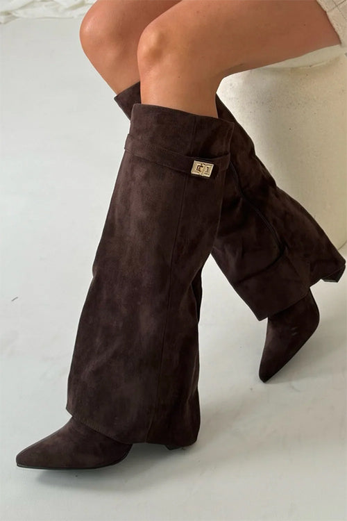 Pointed Toe Block Heel Fold Over High Boots