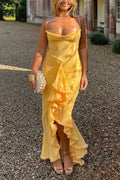 Spaghetti Strap Mesh Splice Draped Ruffle Maxi Dress