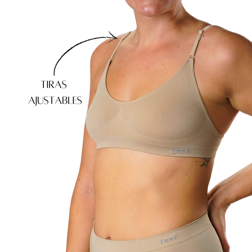 FEVI | Pack de 12 Tops con Tiras Ajustables en Negro, Beige y Blanco | Talla Única desde la 85 a la 95 | Sin Relleno