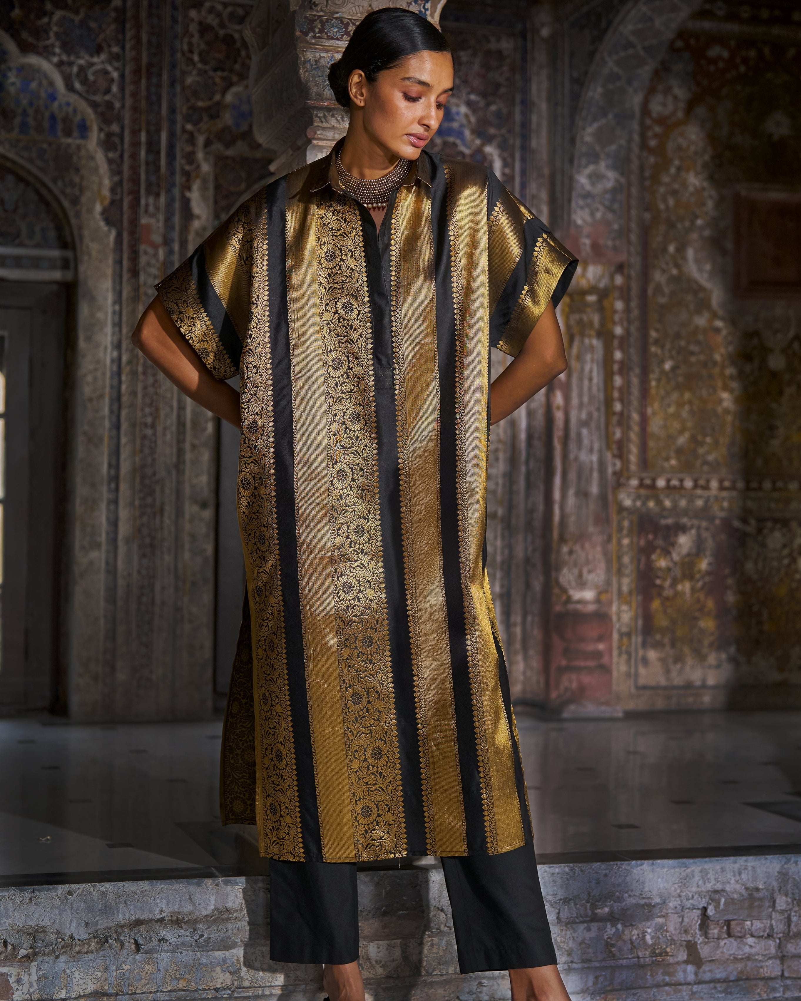 Benares Brocade Striped Longline Set By KYNAH, Luxury Indian Fashion & Bridal Wear
