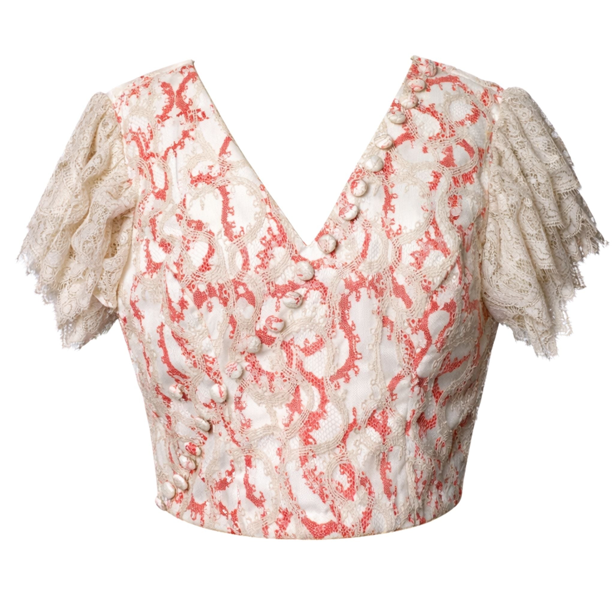 Lace Fitted V-Neck Top with Puff Sleeves | PR Sample