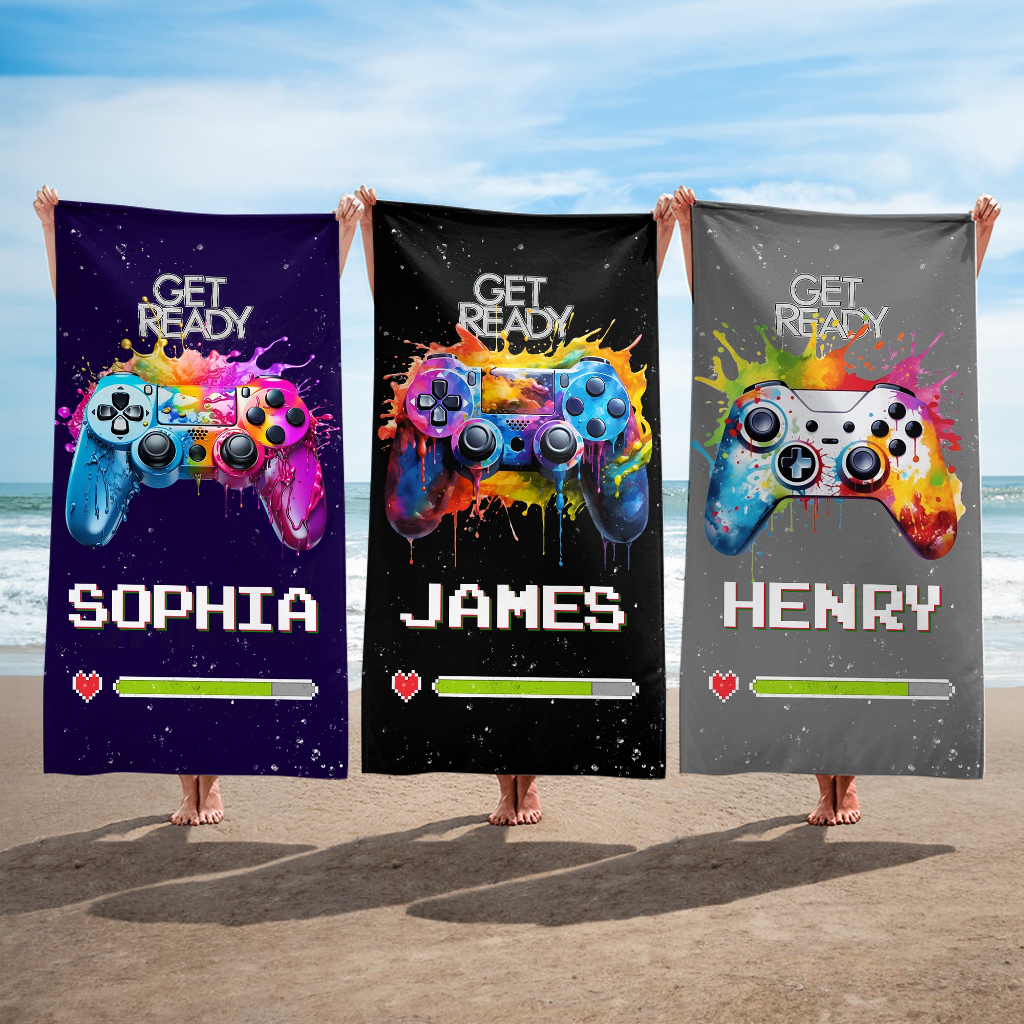 Toalla de playa de secado rápido personalizada con nombre Graffiti multicolor para Gamepad Regalo esencial de viaje para los amantes de los videojuegos en sus vacaciones de verano