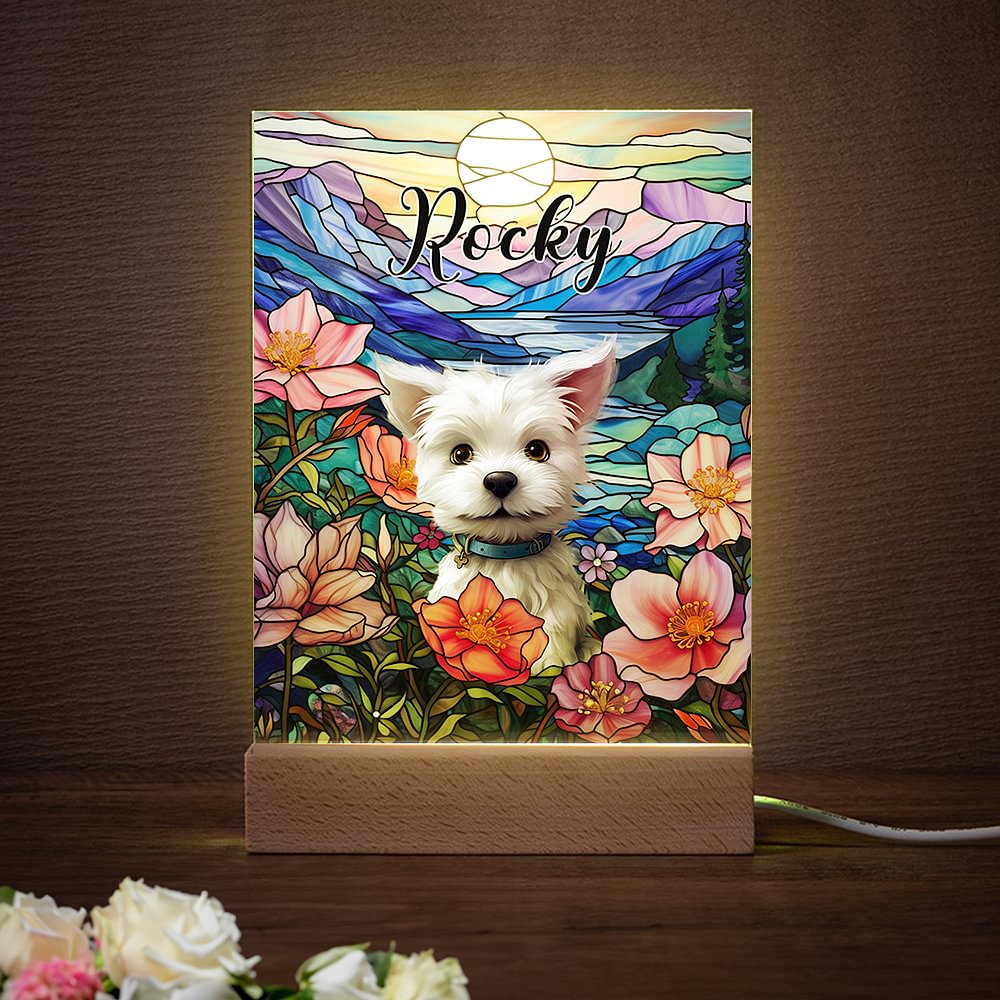 Lámpara de noche de acrílico personalizada con nombre y base de madera Decoración para el hogar Regalo de aniversario Cumpleaños para dueños de mascotas
