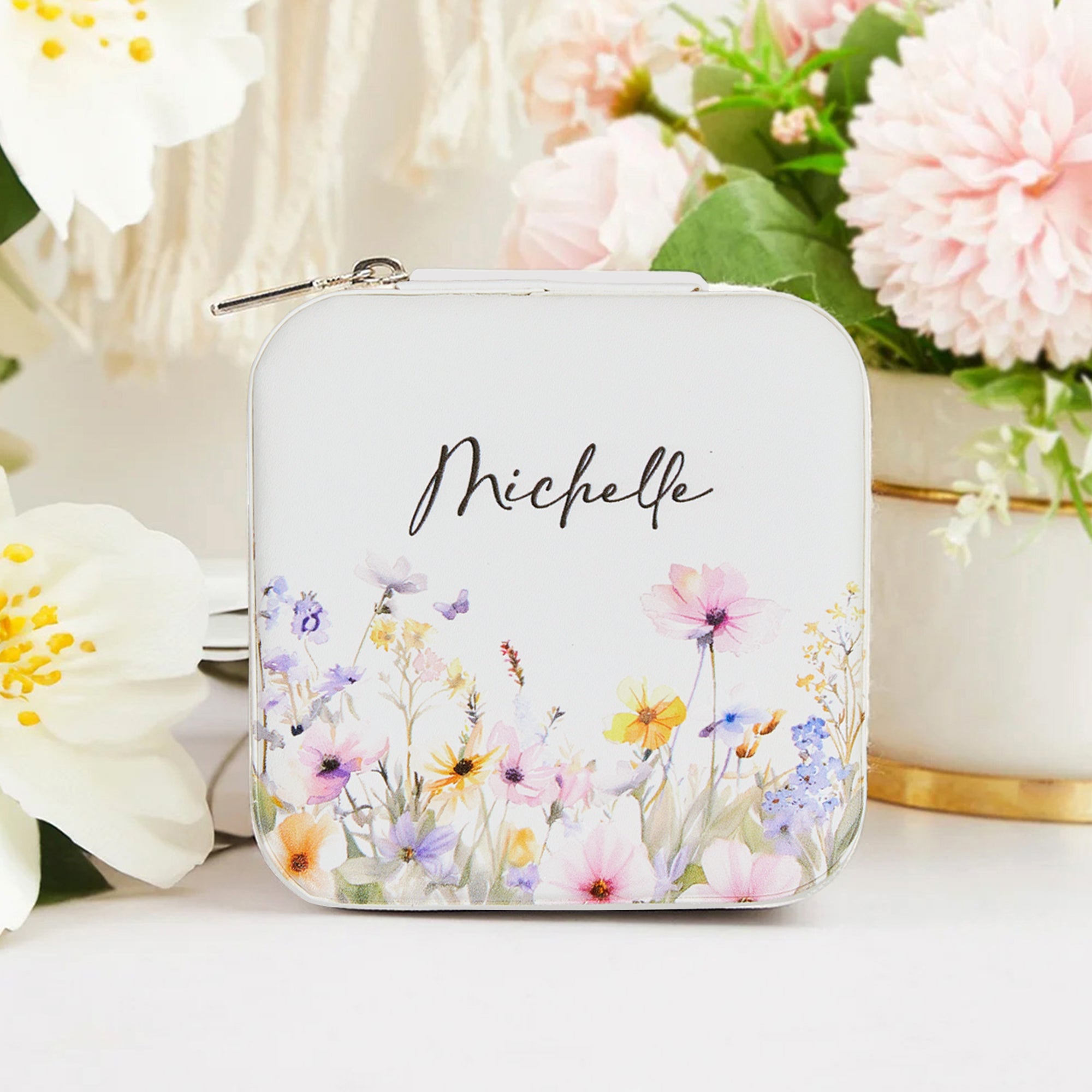 Personalizada Floral PU Joyería de cuero Caja de viaje con el nombre de la joyería portátil caso de la boda de la dama de honor de cumpleaños de regalo para las mujeres