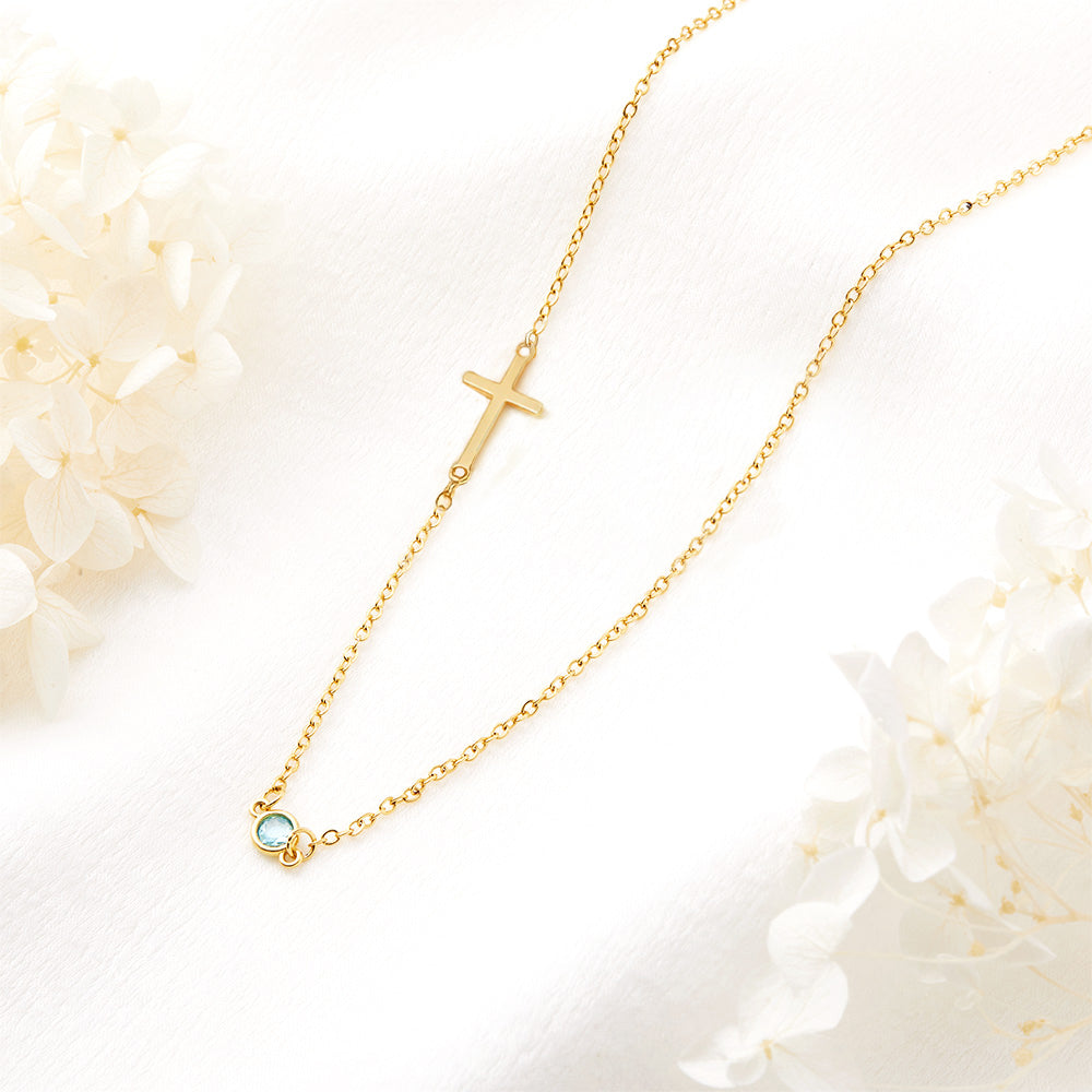 Personalizado collar de piedra de nacimiento cruz lateral Día de San Valentín Joyería delicada Comunión Cristiana Aniversario de regalo para las mujeres