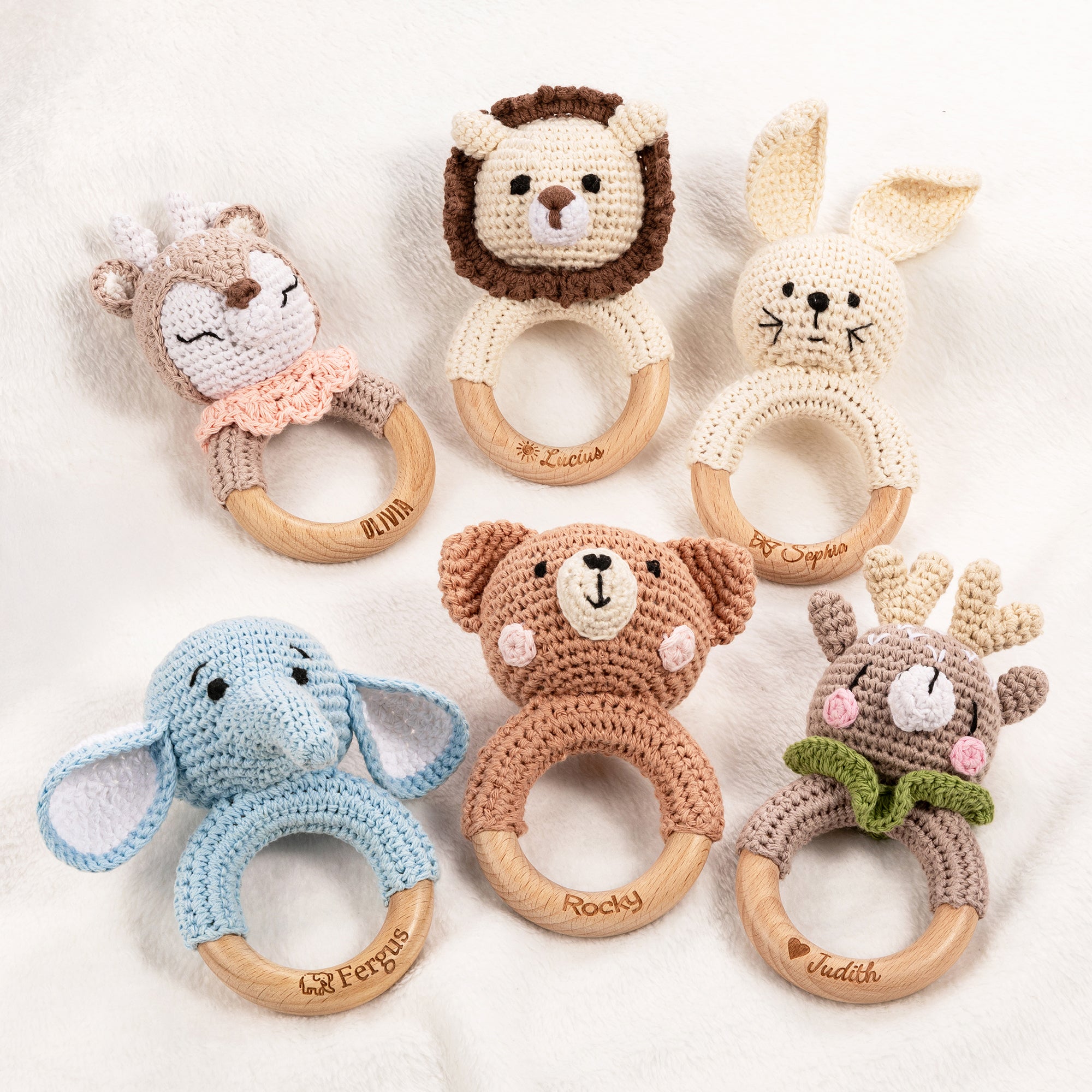 Personalizado lindo león oso de ganchillo bebé sonajero juguete de madera mordedor infantil con nombre grabado Baby Shower cumpleaños regalo para recién nacidos