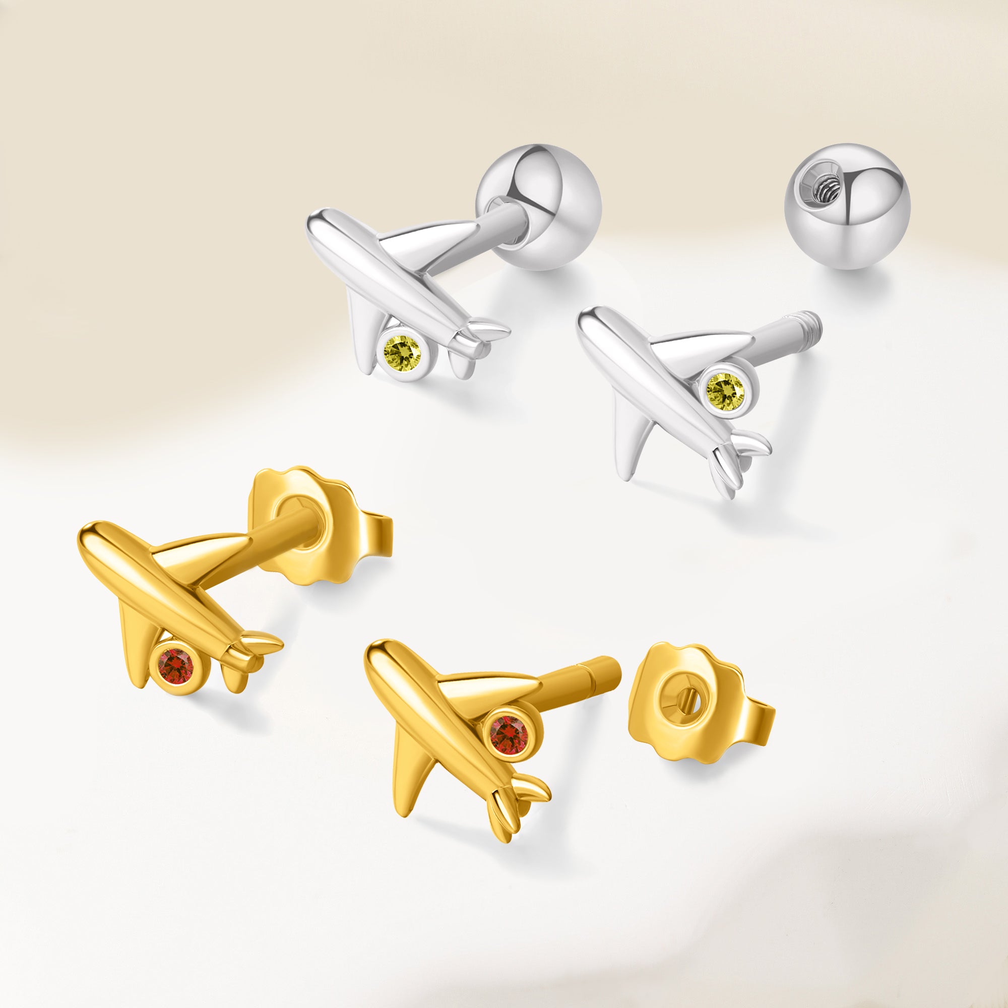 Personalizados Extra Tiny Birthstone Airplane Cartilage Stud Earrings Unisex Jewelry Birthday Anniversary Gift for Pilot Cabin Crew Travel Enthusiast
