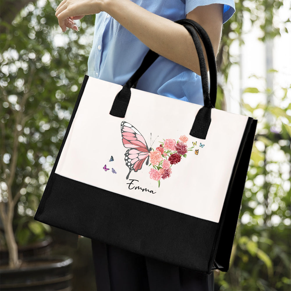 Personalizada Nacimiento Flor Mariposa Gran Bolsa de Lona Tote con Nombre Cumpleaños Día de la Madre Regalo para Mujeres Niñas