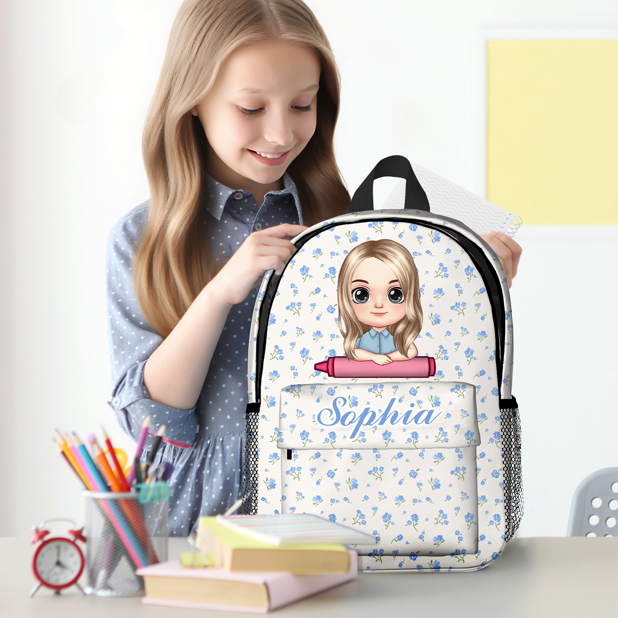 Mochila infantil personalizada con lazo floral y nombre y bolsillos laterales Regalo de cumpleaños de vuelta al cole para niños y niñas