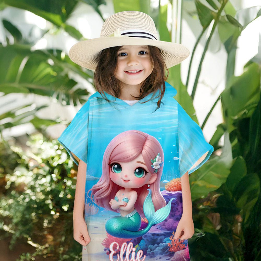 Toalla de playa con capucha para niños, de secado rápido, personalizada con el nombre de una sirena submarina en 3D, para niñas amantes de las sirenas.