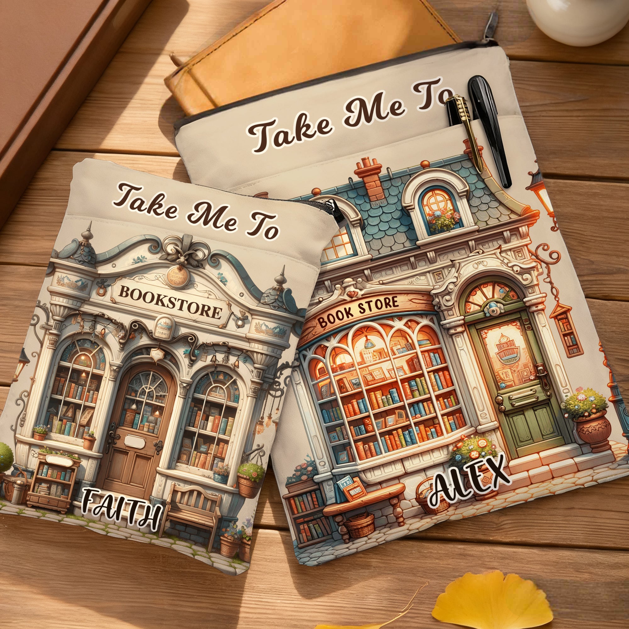 Funda personalizada para libros Take Me To Bookstore con cremallera para el nombre y bolsillo delantero Regalo de cumpleaños para ratones de biblioteca